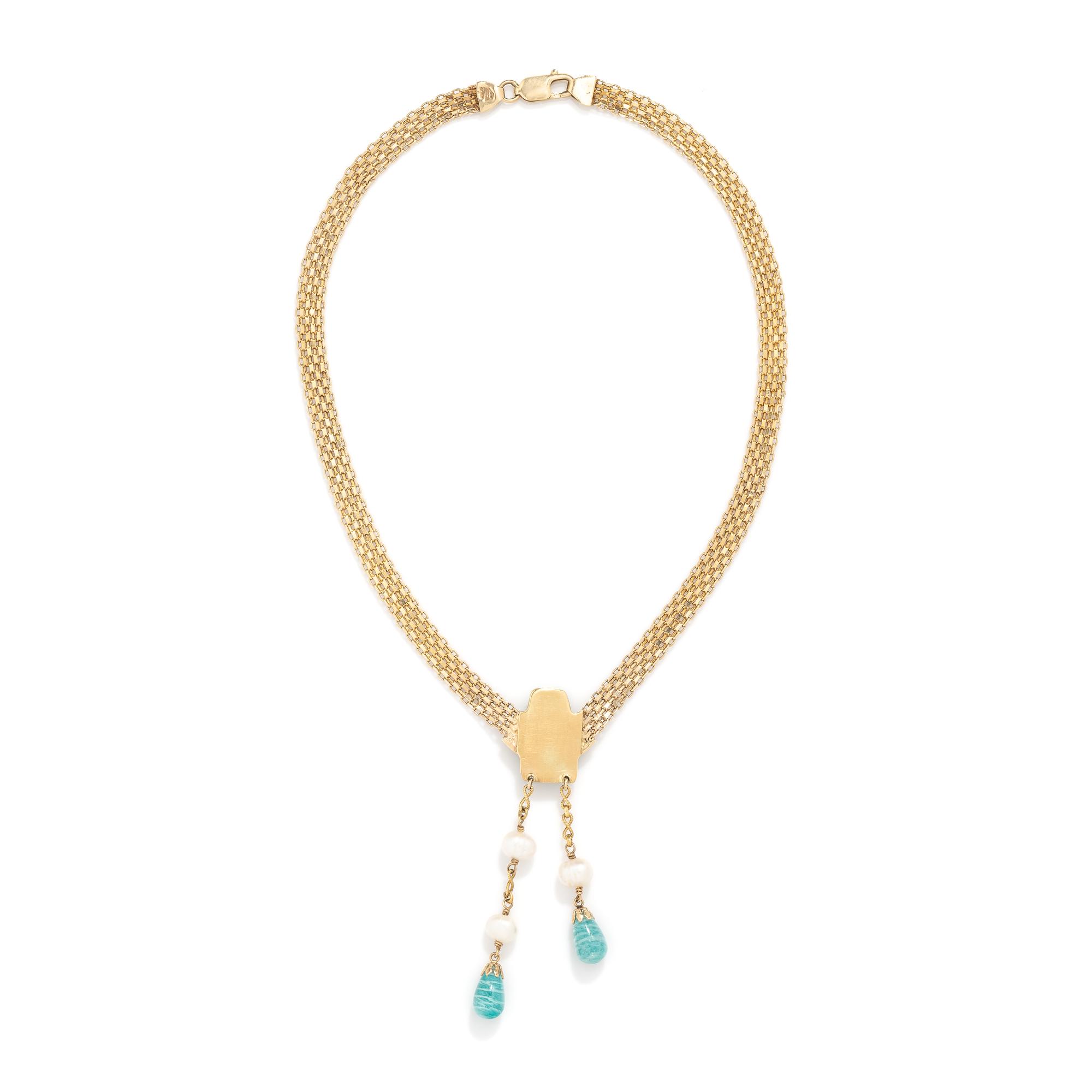 AMAZONITE, CULTURED PEARL, AND YELLOW GOLD NECKLACE