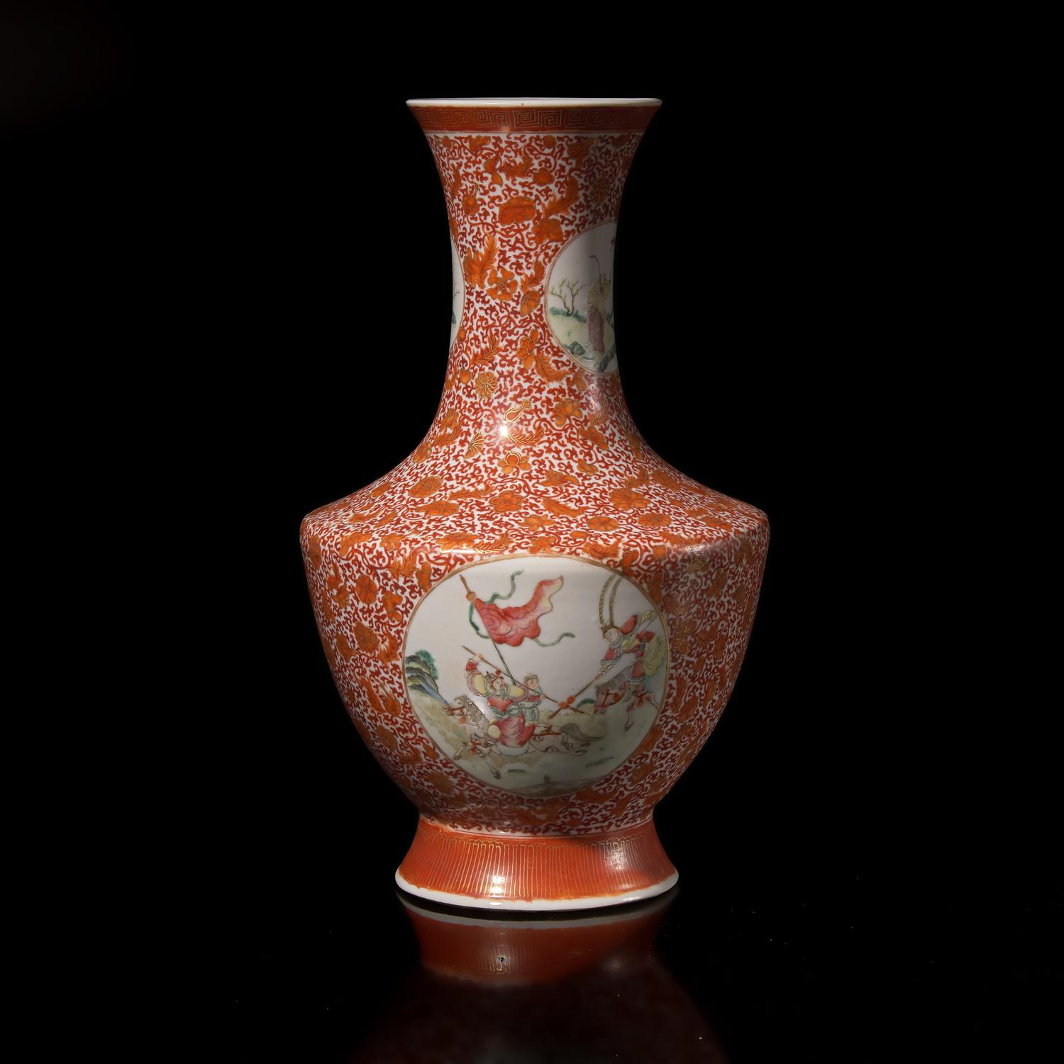 A Chinese Gilt and Iron Red Famille Rose Vase, 20th Century — 近代 礬紅彩描金西番蓮紋開光人物故事圖賞瓶