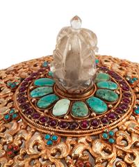 A Large Tibetan Style Jeweled Filigree-Mounted Rock Crystal Bowl and Cover