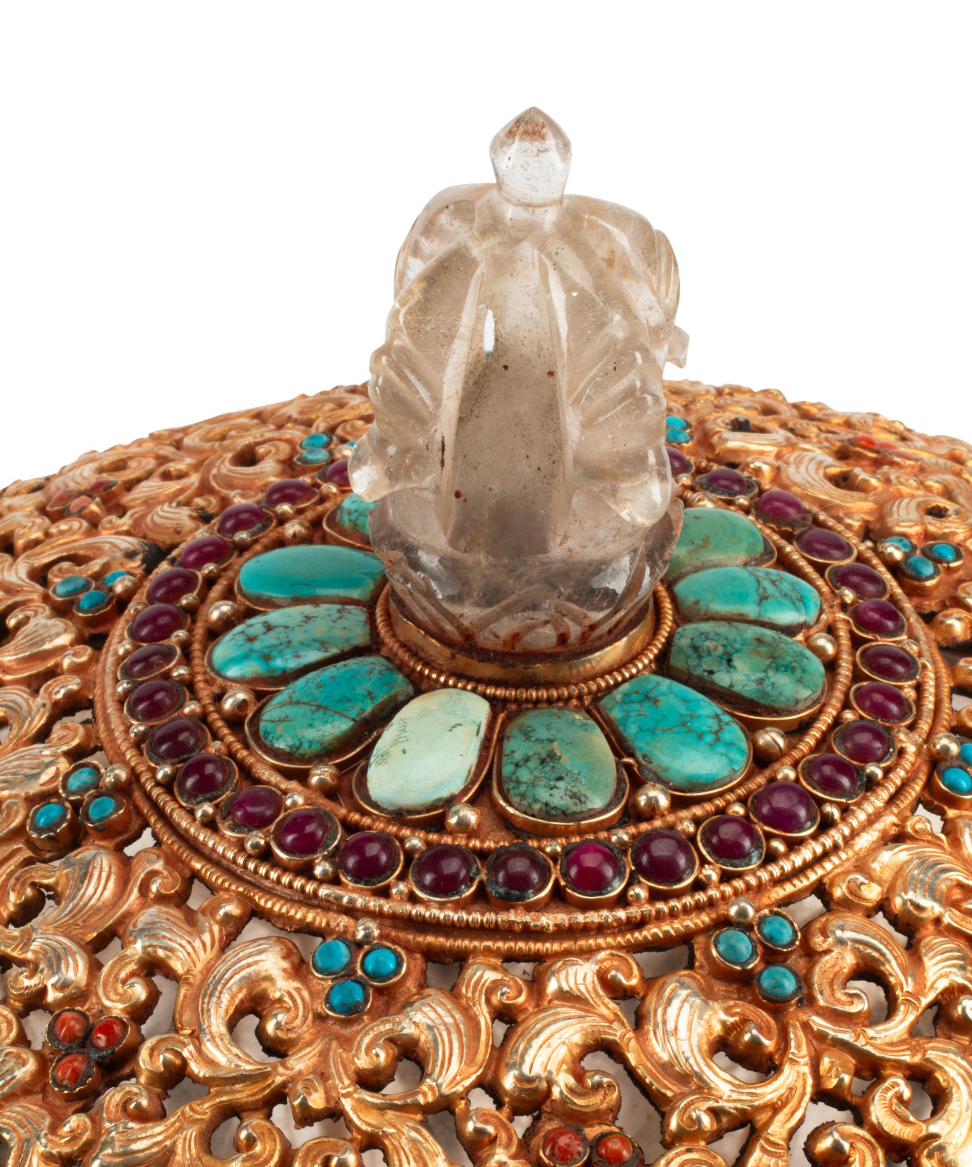 A Large Tibetan Style Jeweled Filigree-Mounted Rock Crystal Bowl and Cover
