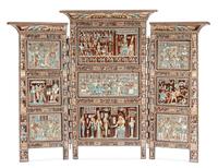 An Egyptian Revival Inlaid Three-Panel Floor Screen Height 70 x width overall 85 inches.