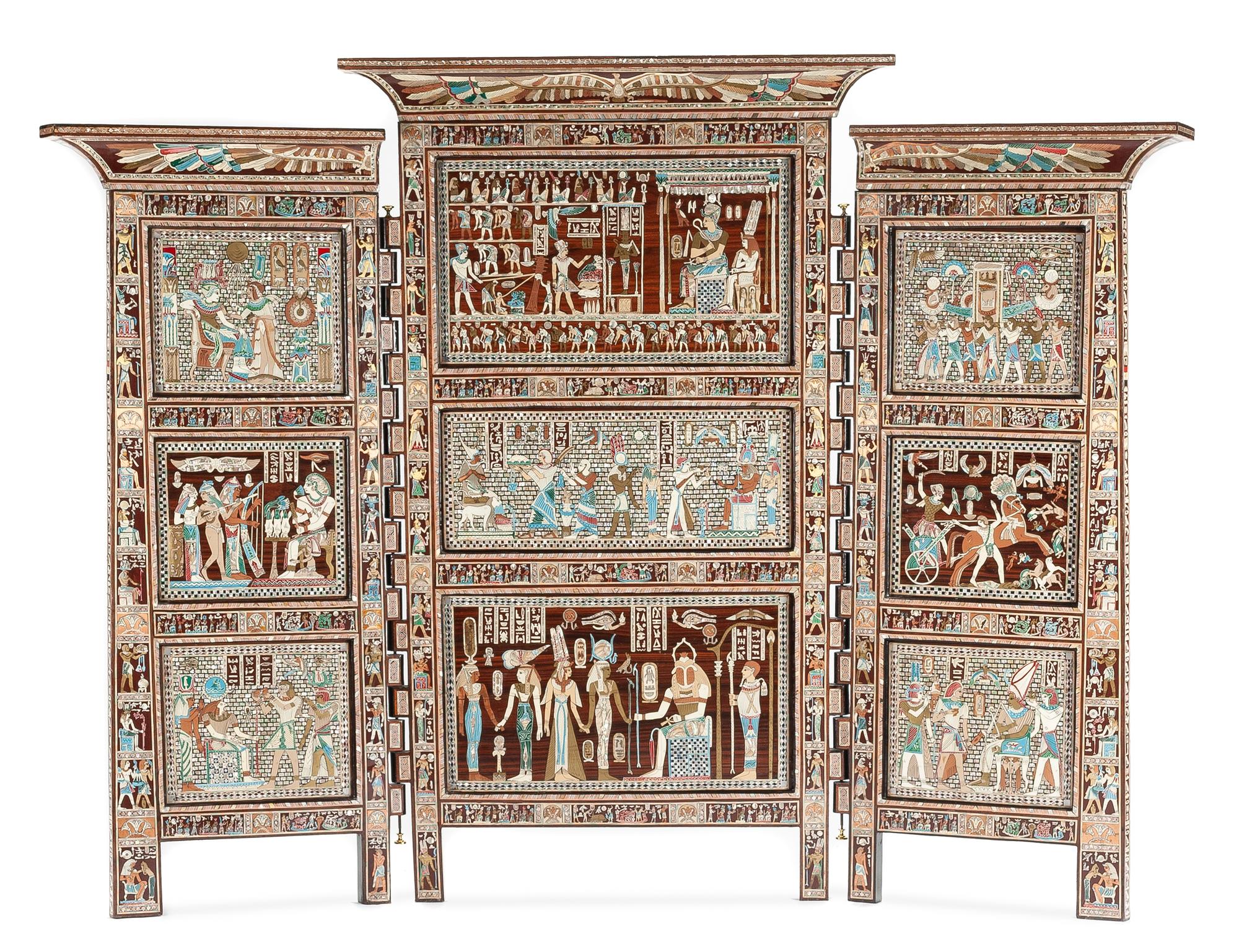 An Egyptian Revival Inlaid Three-Panel Floor Screen Height 70 x width overall 85 inches.