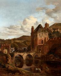 Jan van der Heyden | Adriaen van de Velde (Dutch, 1737-1712) | (Dutch, 1636-1672) — A River Landscape with a Fortified Castle and a Bridge