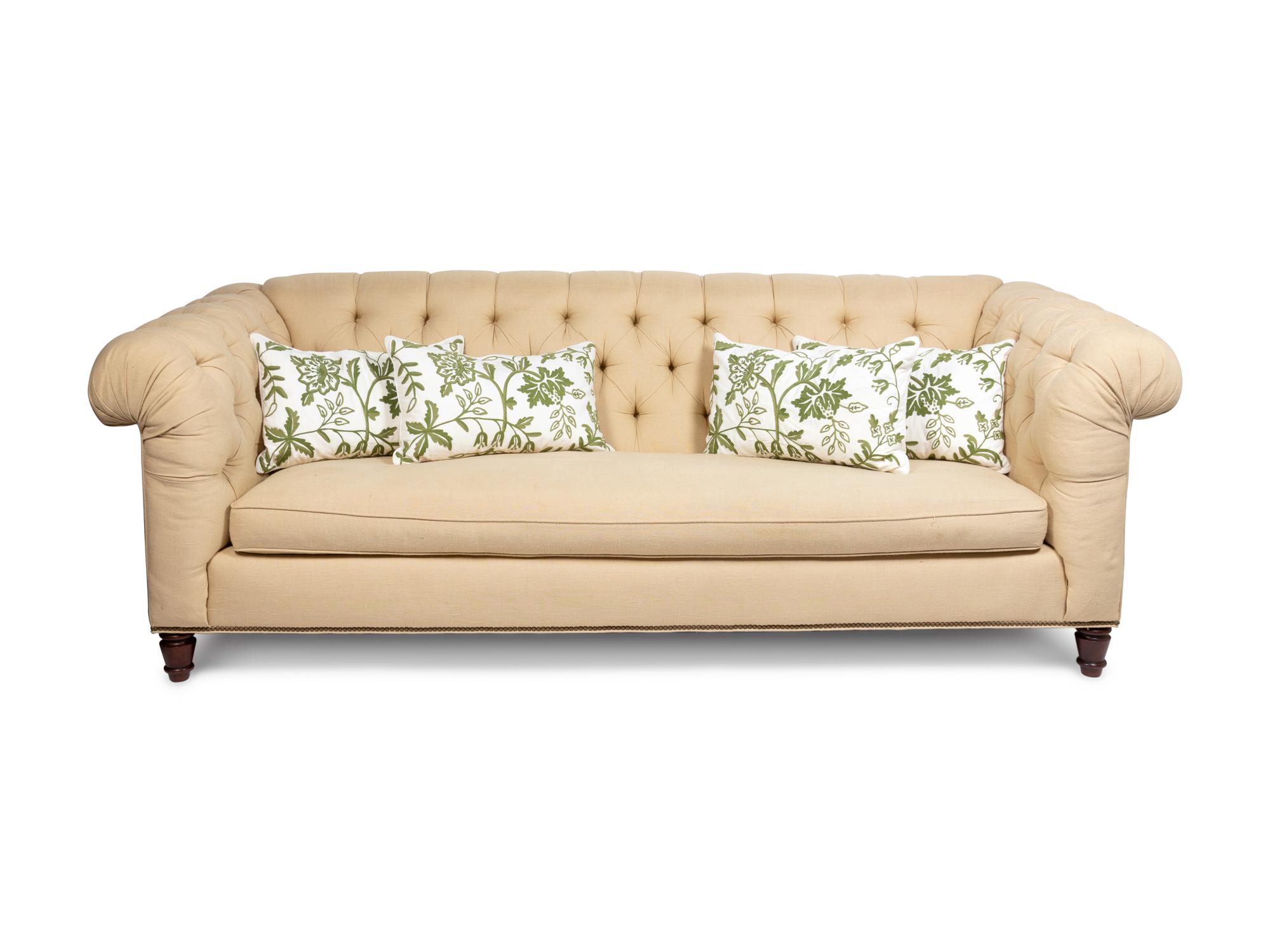 A Chesterfield Tufted Linen-Upholstered Sofa