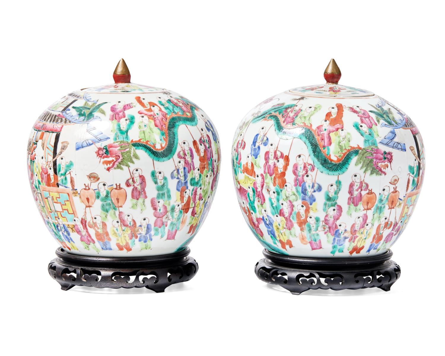A Pair of Chinese Export Rose Mandarin Porcelain Covered Ginger Jars