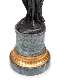 A Pair of French Gilt and Patinated Bronze and Marble Figural Three-Light Candelabra
