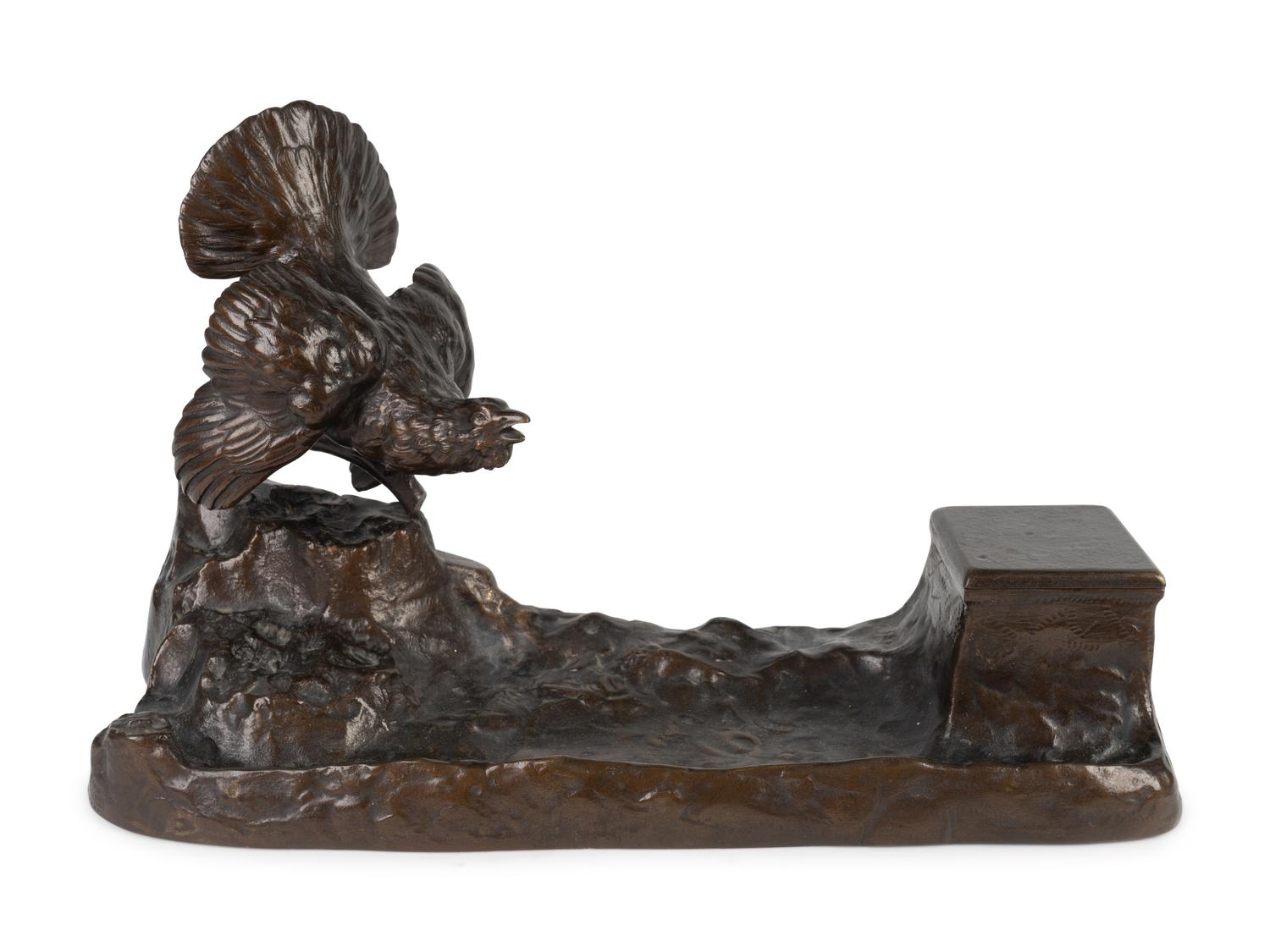 A Bronze Standish with Ruffled Grouse and Inkwell