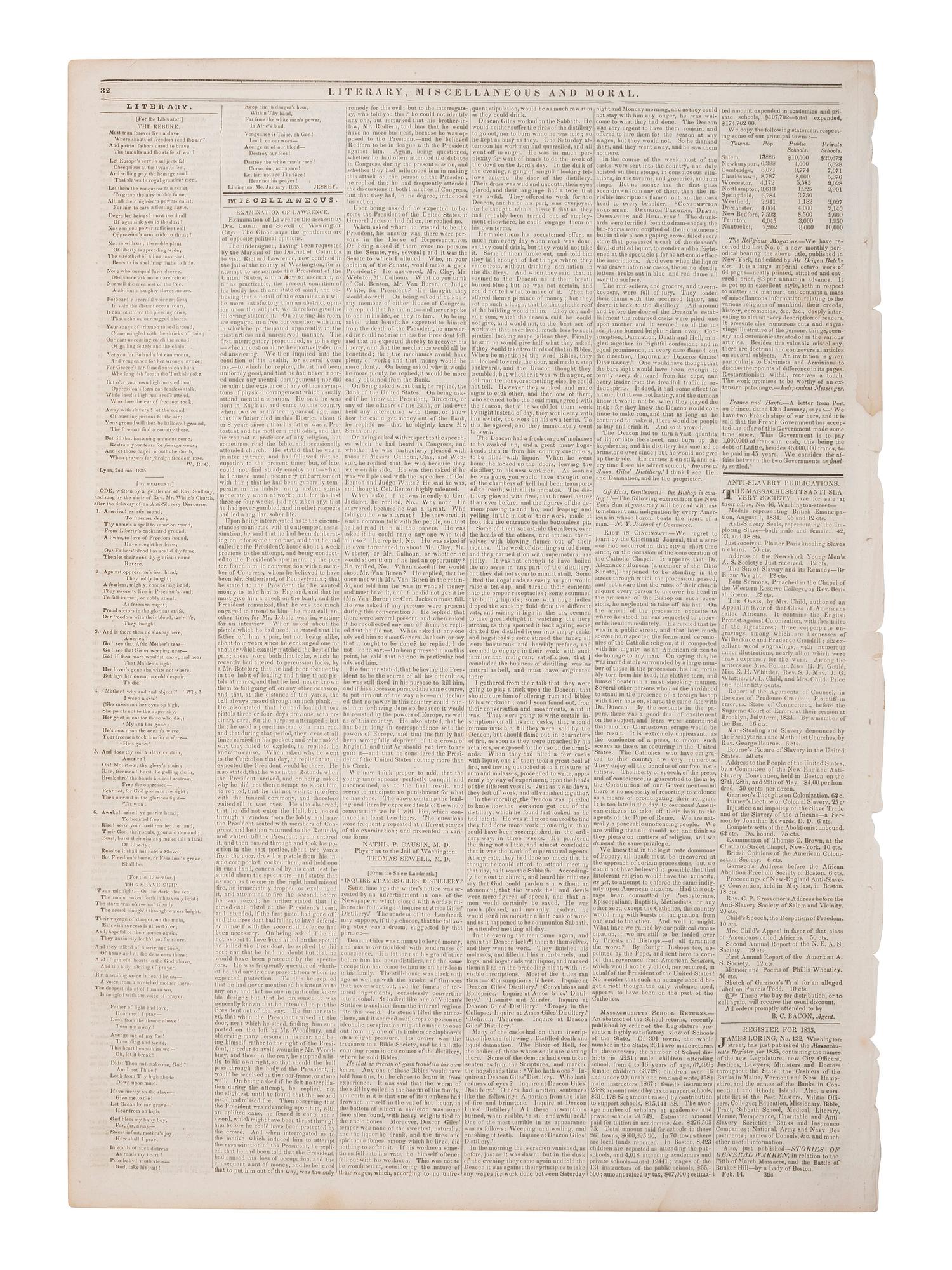 [SLAVERY & ABOLITION]. The Liberator. Vol. V, No. 8. Boston, MA: 21 February 1835.