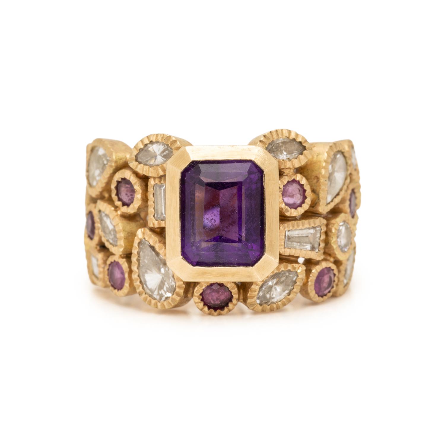 TODD REED, HAND FORGED YELLOW GOLD, DIAMOND, AND MULTIGEM RING