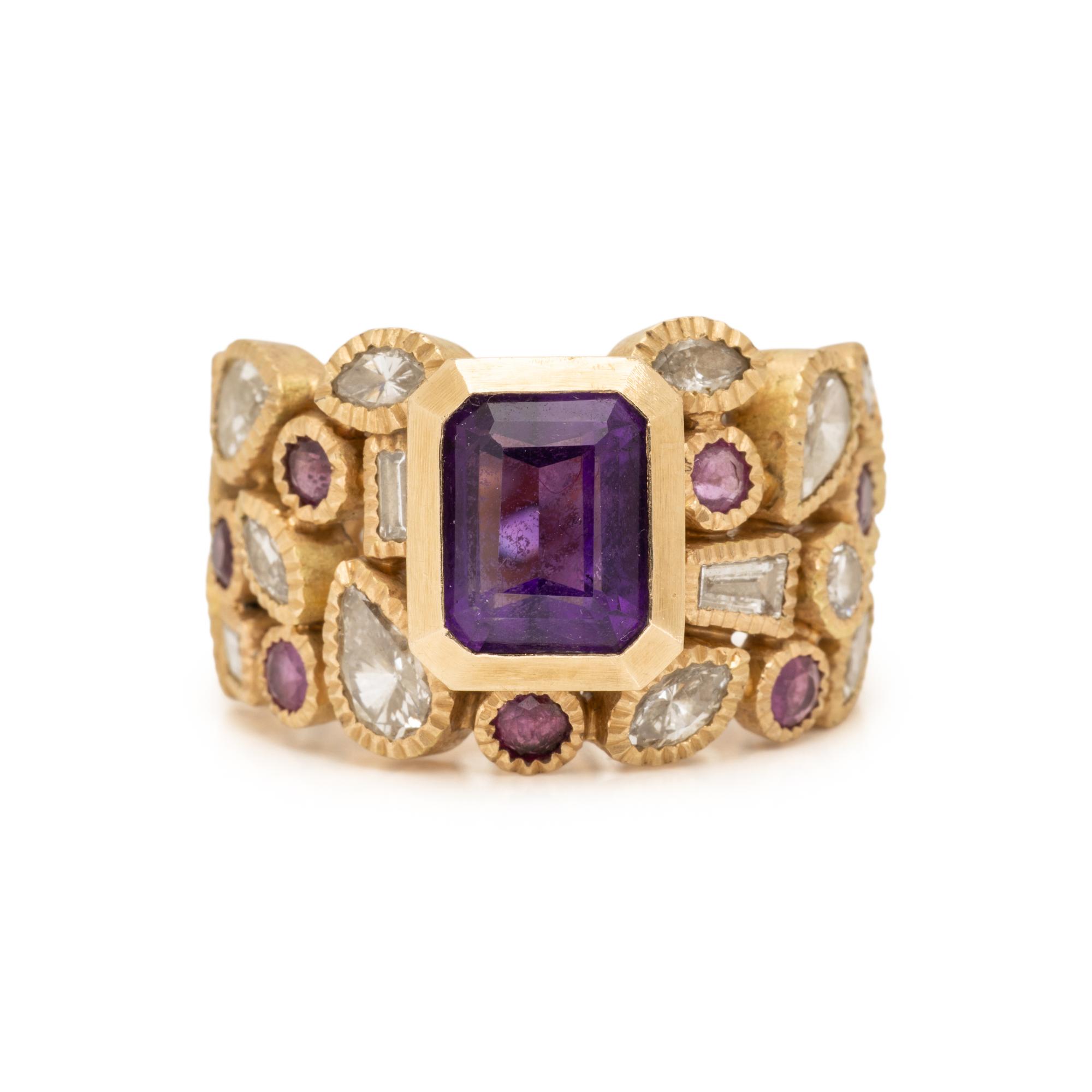 TODD REED, HAND FORGED YELLOW GOLD, DIAMOND, AND MULTIGEM RING