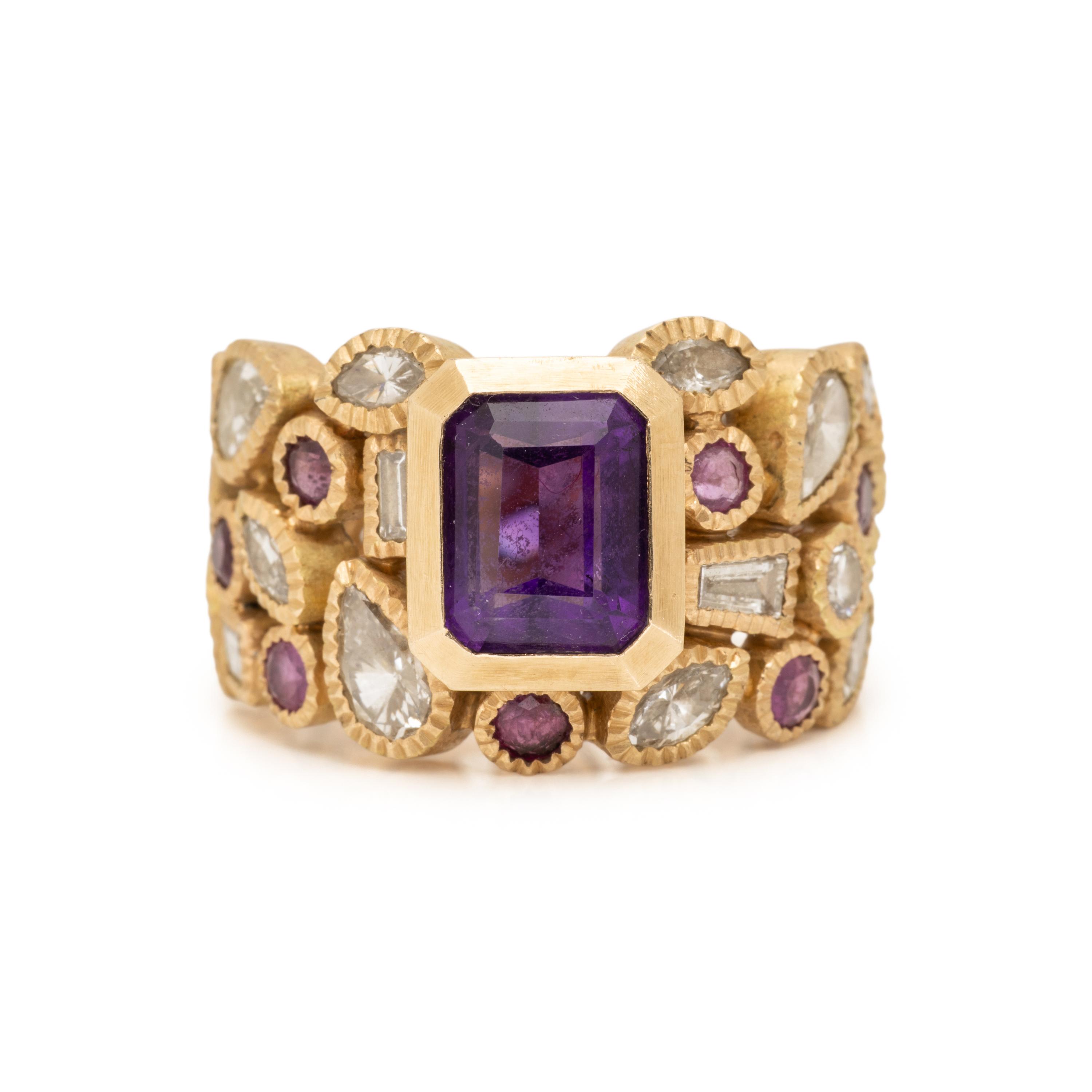TODD REED, HAND FORGED YELLOW GOLD, DIAMOND, AND MULTIGEM RING