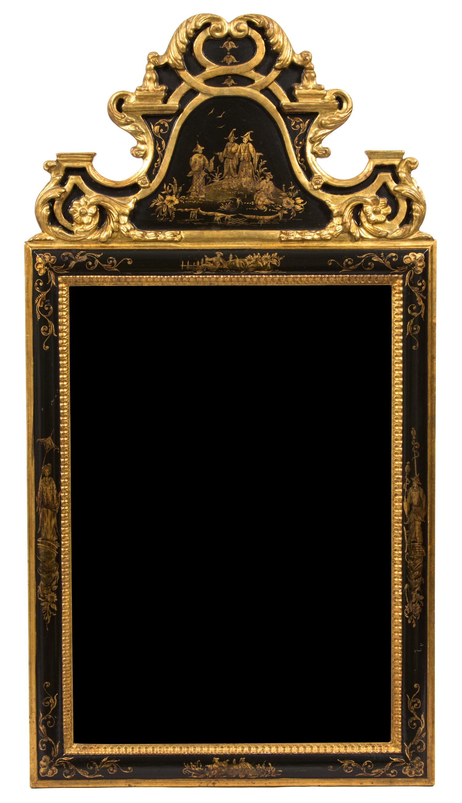 A George I Style Black and Gilt Lacquered Mirror Height 57 x width 28 inches. — LATE 19TH CENTURY