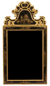 A George I Style Black and Gilt Lacquered Mirror Height 57 x width 28 inches. — LATE 19TH CENTURY