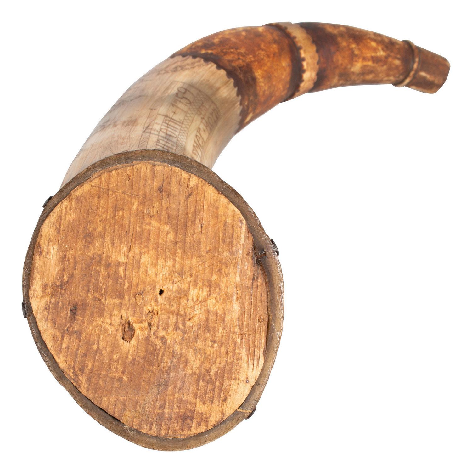 Contemporary French & Indian War Carved Map Powder Horn Named to John Hosmer at Crown Point in 1759.