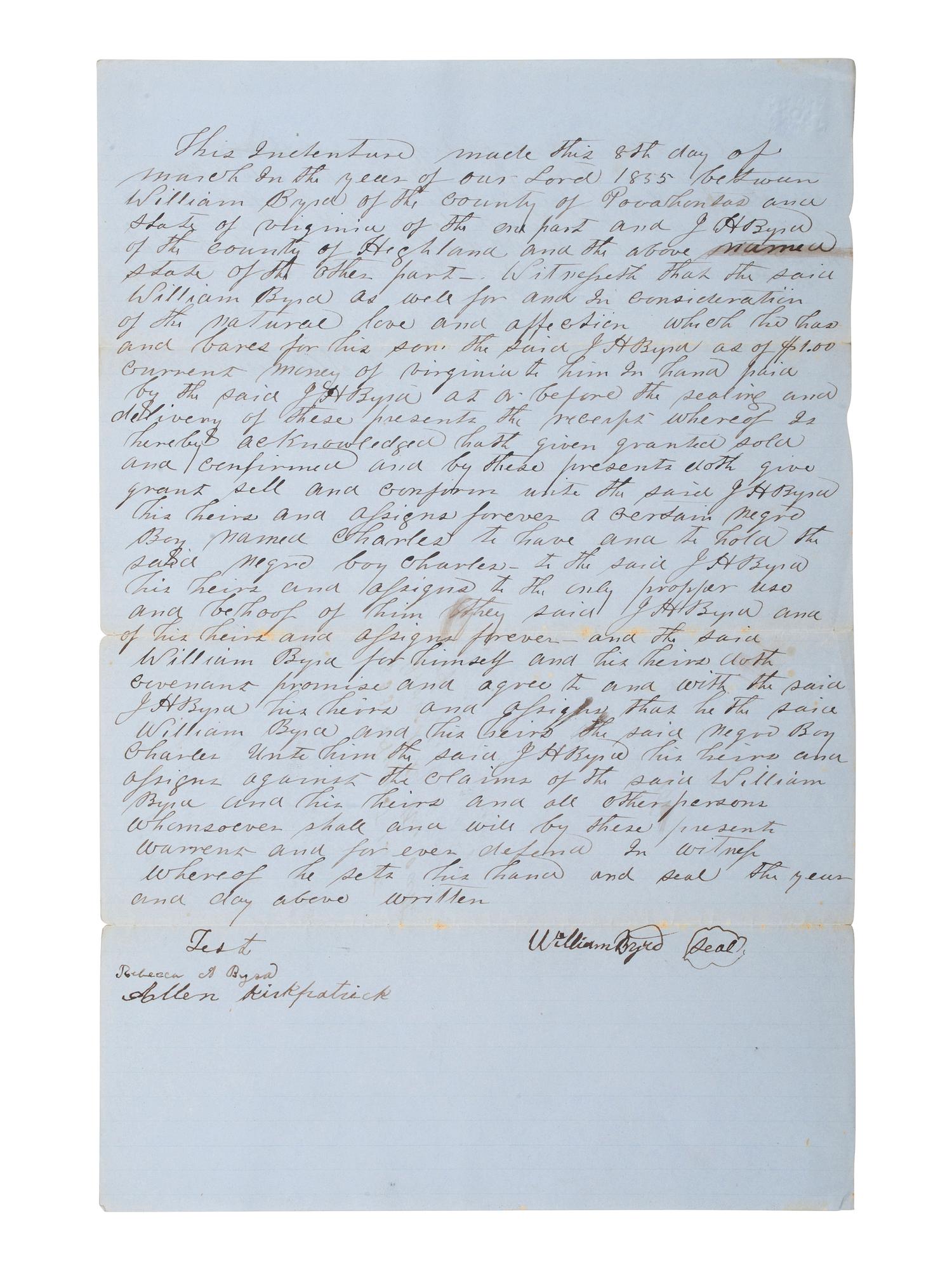 [SLAVERY & ABOLITION]. A record of transfer of an enslaved child named Charles, from William Byrd to J.H. Byrd. Pocahontas County, VA, 8 March 1855.