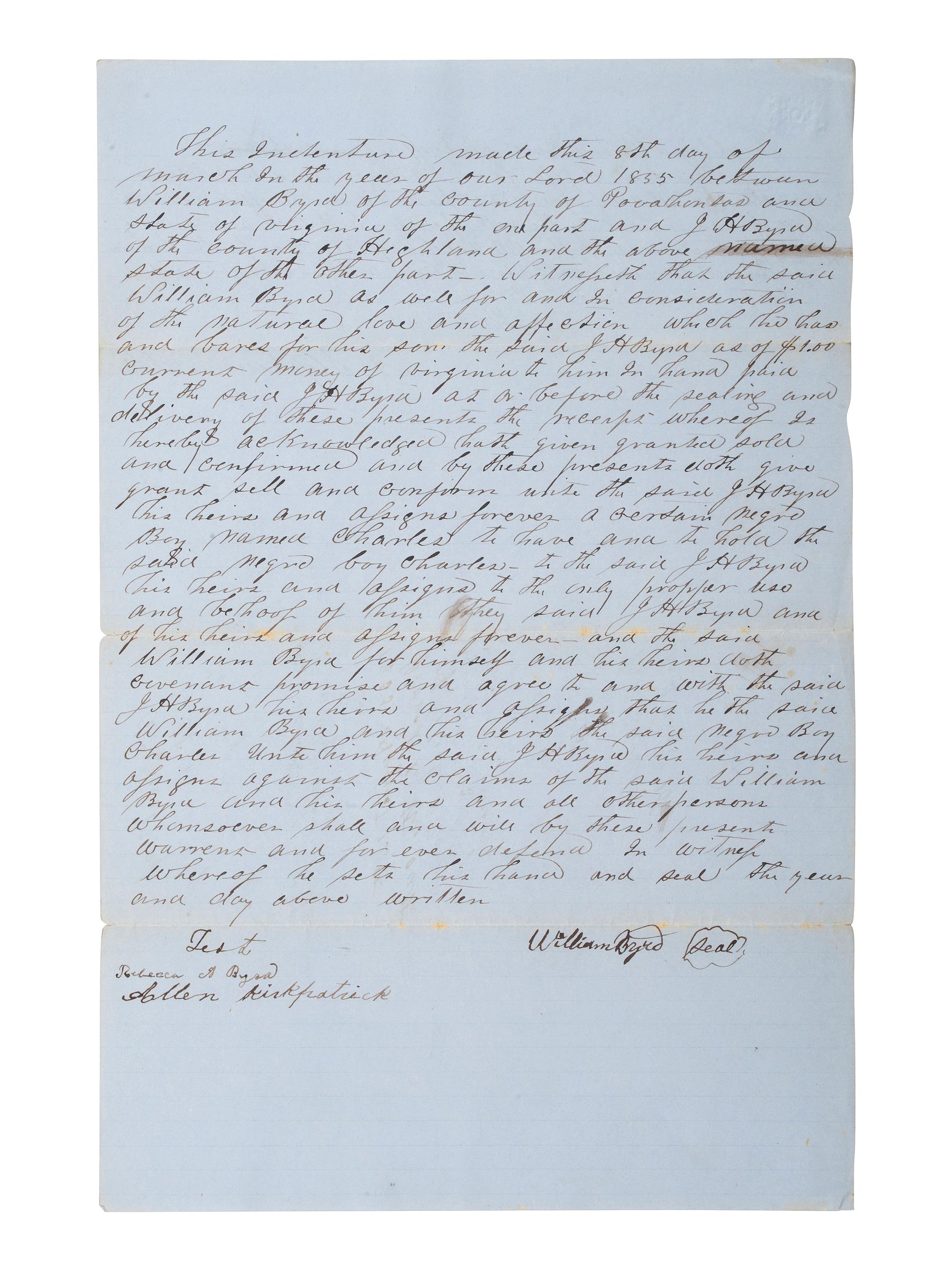 [SLAVERY & ABOLITION]. A record of transfer of an enslaved child named Charles, from William Byrd to J.H. Byrd. Pocahontas County, VA, 8 March 1855.