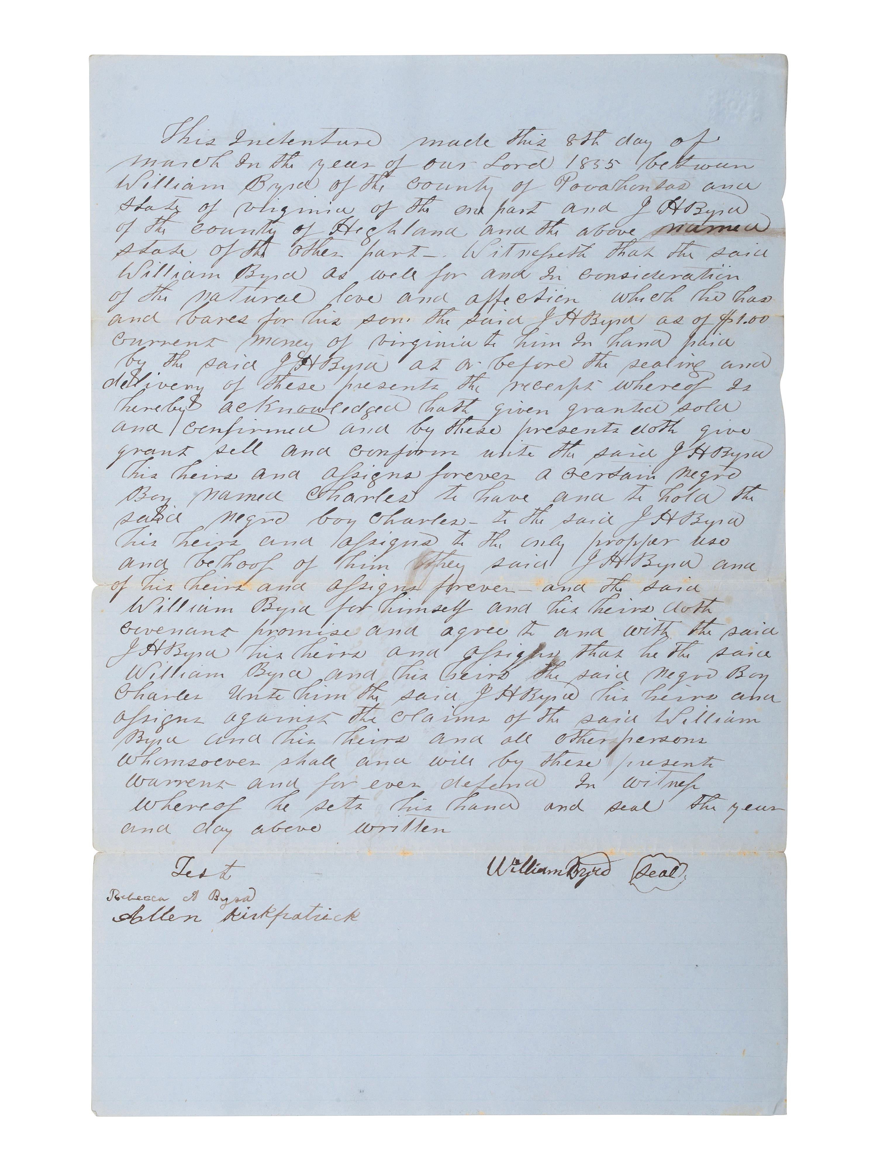 [SLAVERY & ABOLITION]. A record of transfer of an enslaved child named Charles, from William Byrd to J.H. Byrd. Pocahontas County, VA, 8 March 1855.