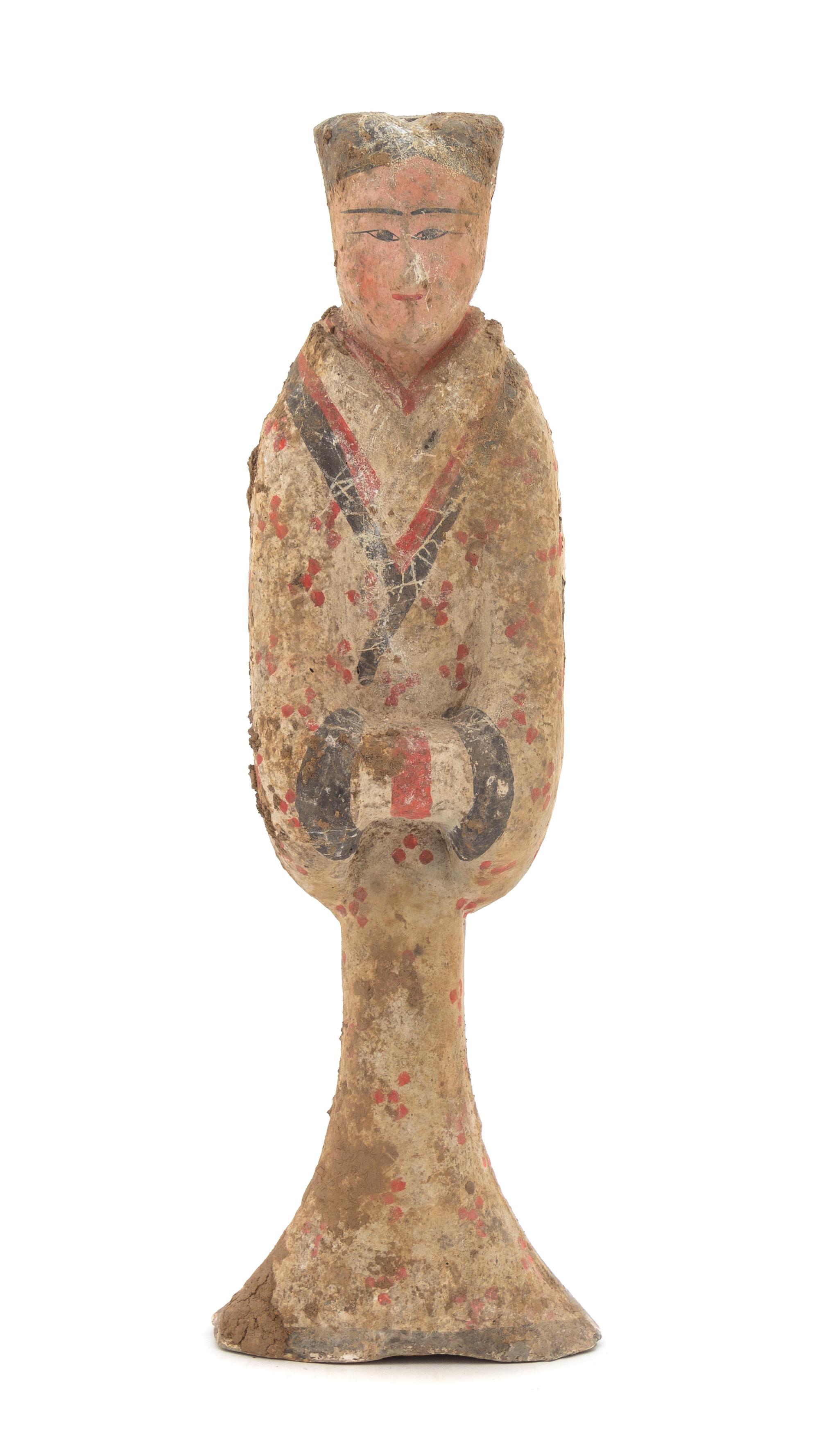 A Chinese Painted Pottery Figure of a Female Attendant Height 17 inches. — HAN DYNASTY (206 B.C. - A.D. 220)