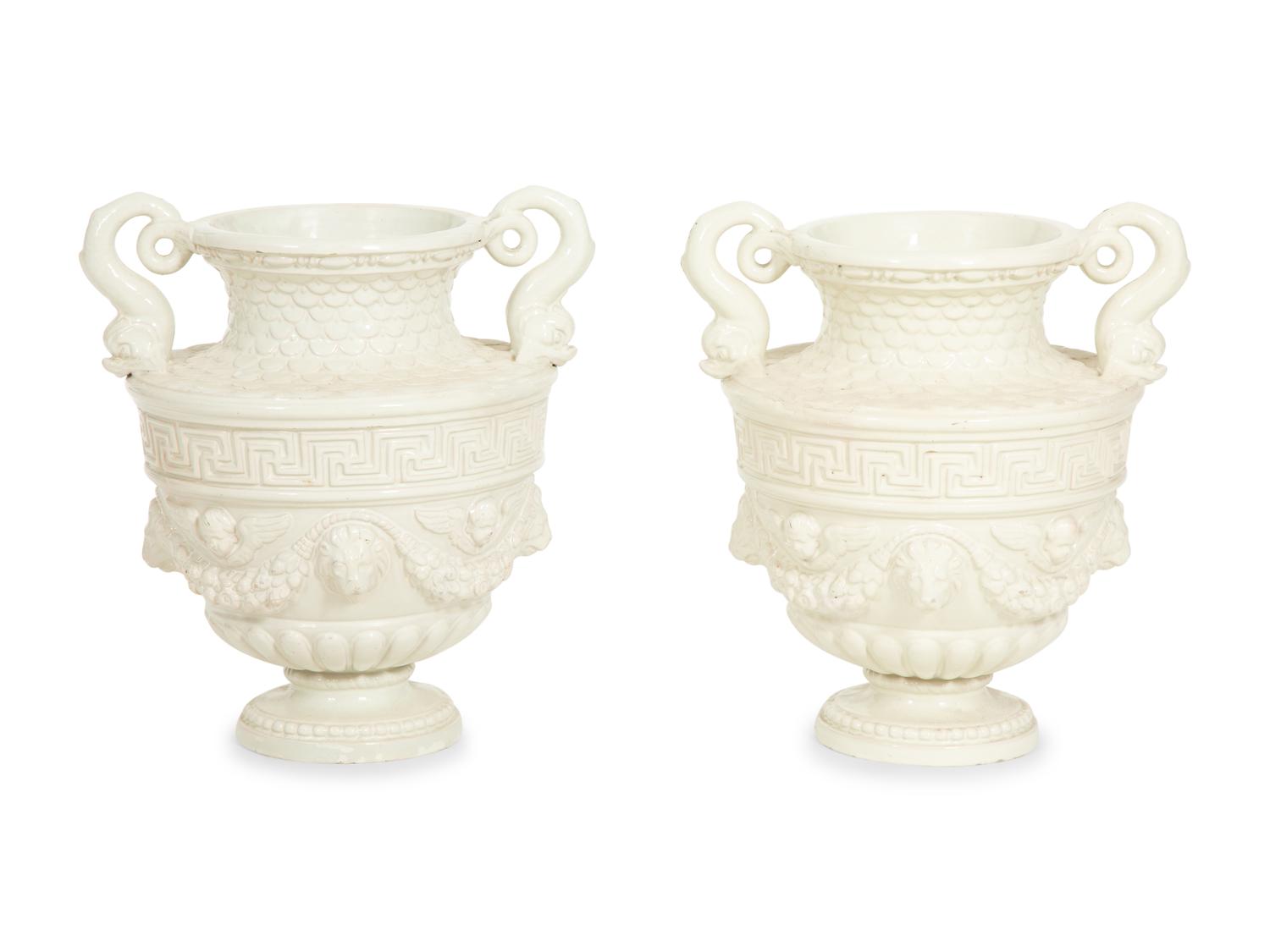 A Pair of Italian White Glazed Ceramic Urns