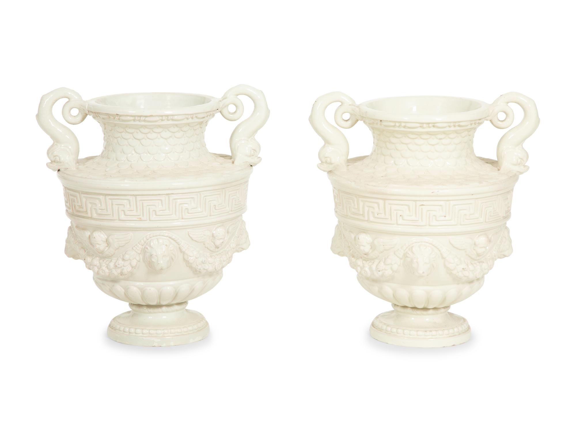A Pair of Italian White Glazed Ceramic Urns