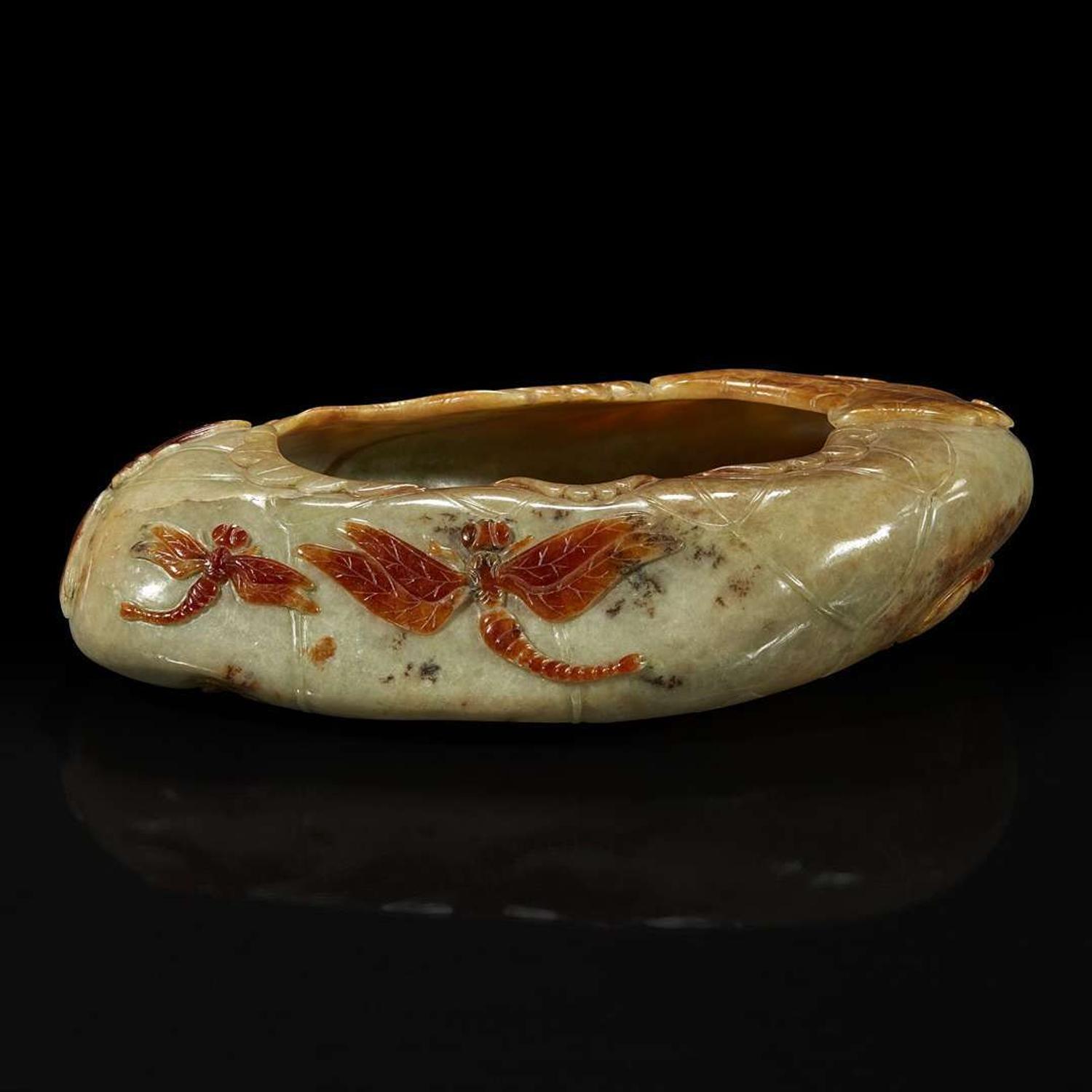 A Chinese carved russet and beige jade "Lotus Leaf" brush washer 赤褐色沁灰玉莲叶水洗