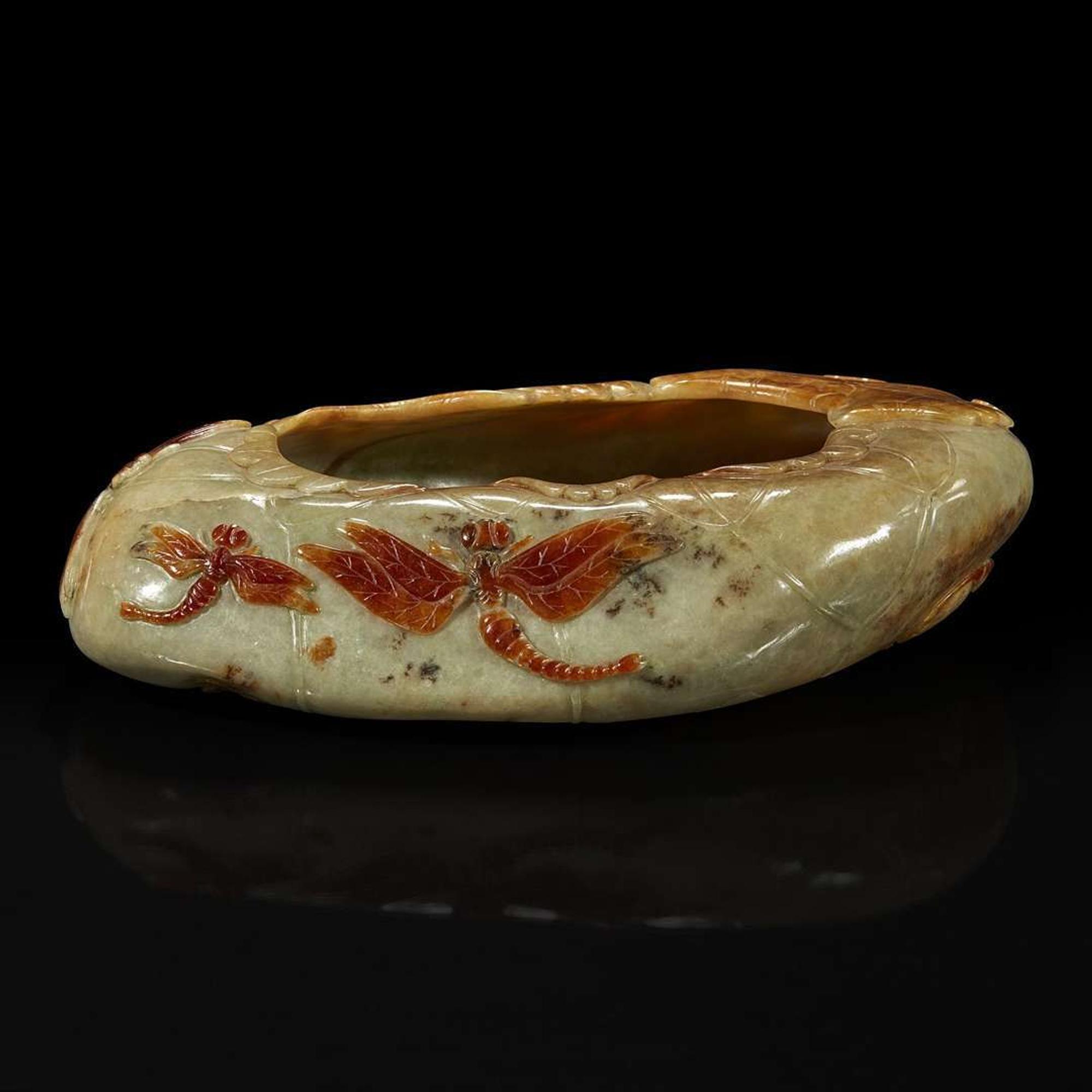 A Chinese carved russet and beige jade "Lotus Leaf" brush washer 赤褐色沁灰玉莲叶水洗