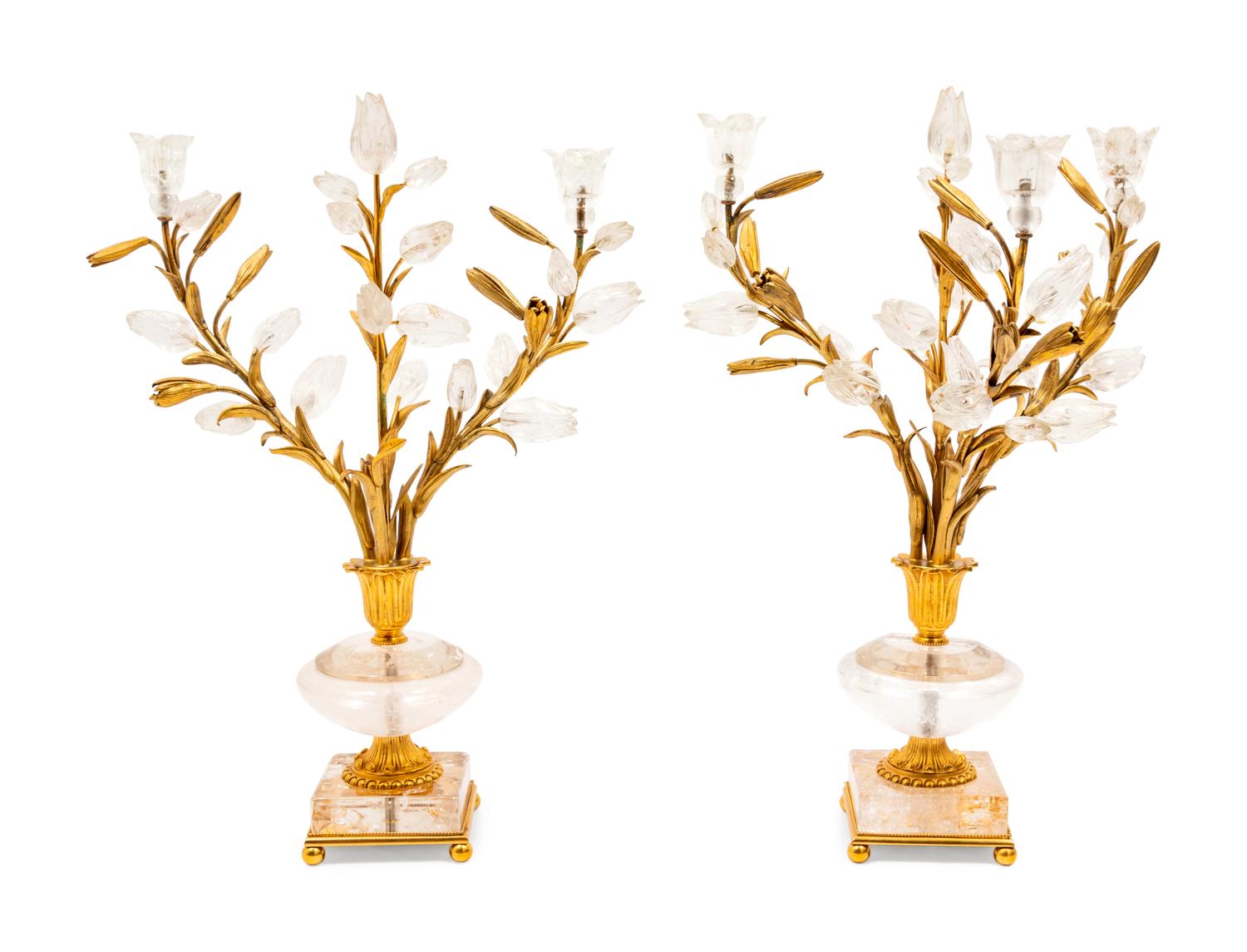 A Pair of Rock Crystal and Gilt Metal Three Light Candelabra