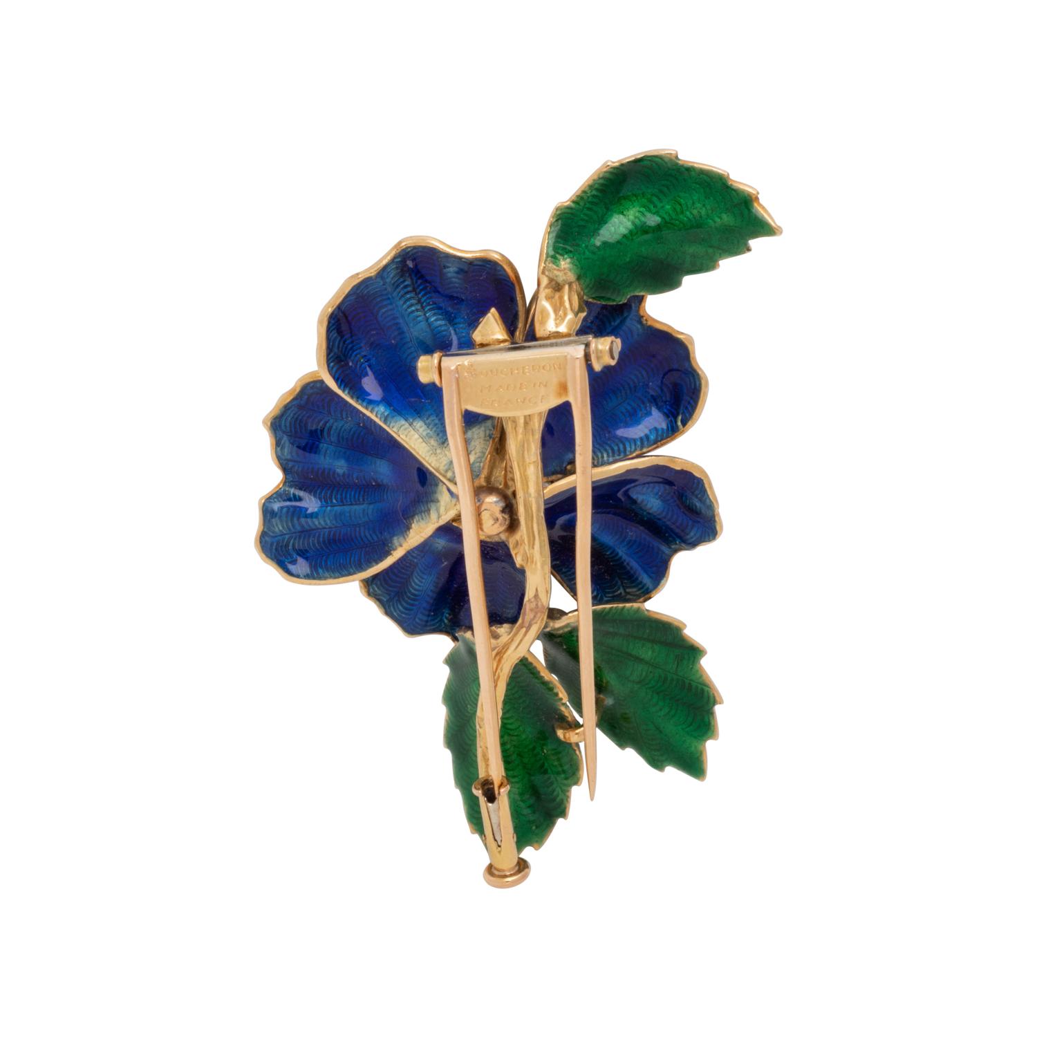 BOUCHERON, ENAMEL AND DIAMOND FLOWER BROOCH