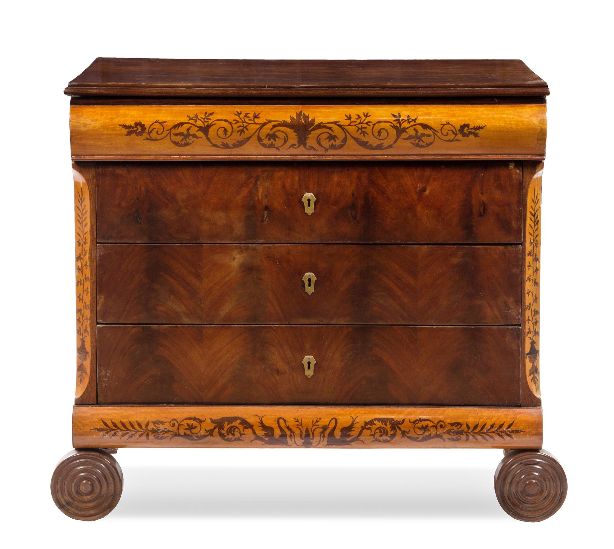An Italian Walnut, Satinwood and Marquetry Commode Height 41 1/2 x width 45 x depth 22 1/2 inches. — PIEDMONT, 19TH CENTURY