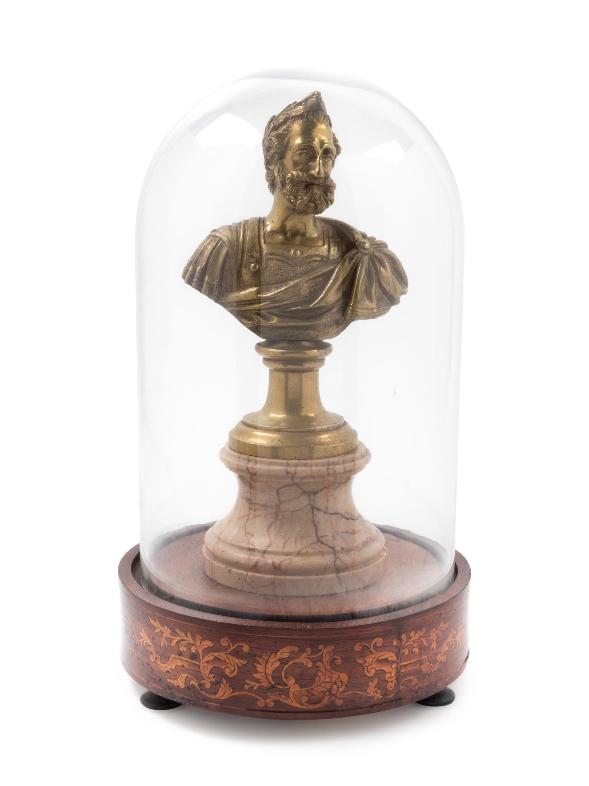 A Continental Bronze and Marble Bust with an Associated Glass Dome