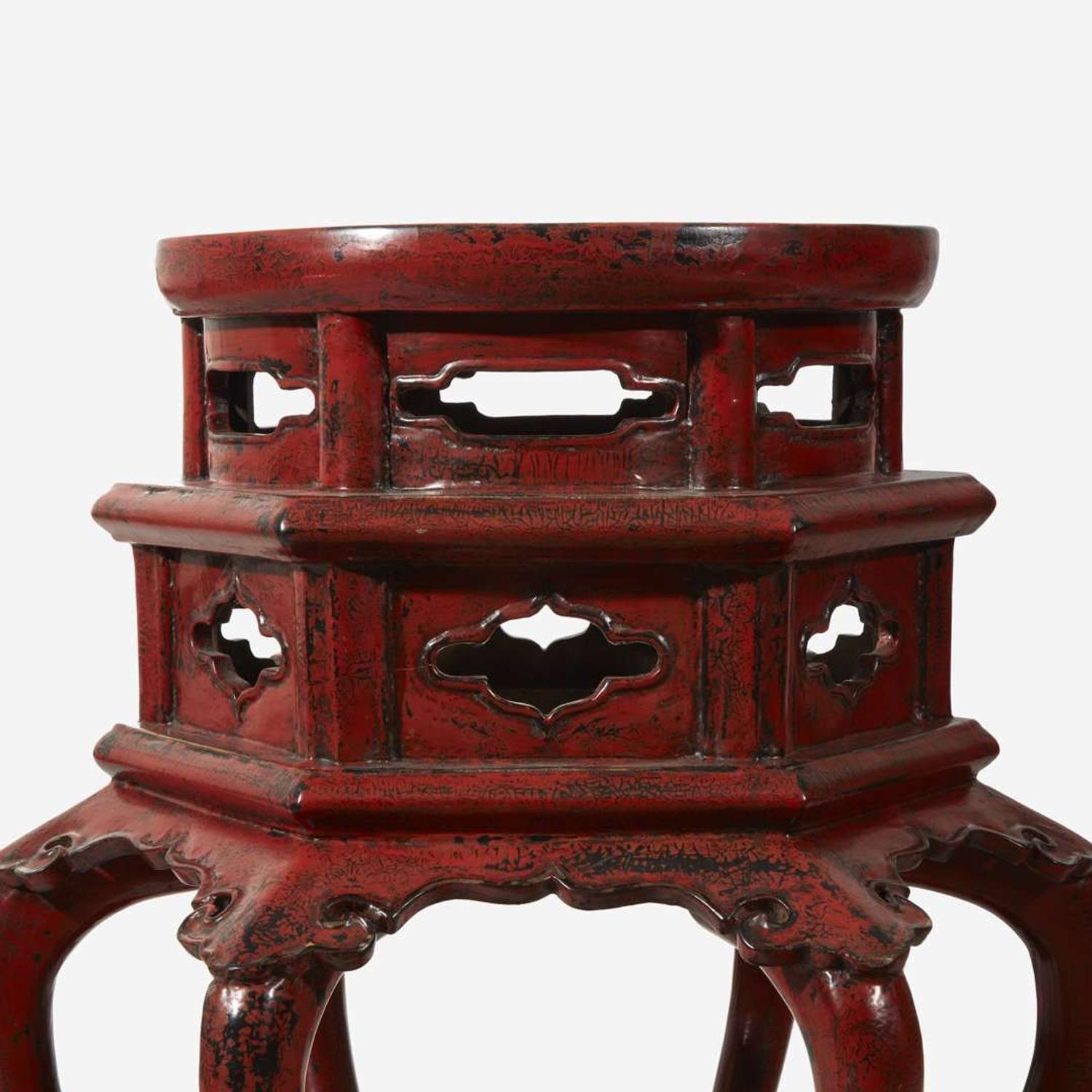 A Chinese or Japanese red lacquered Ming-style hexagonal incense stand