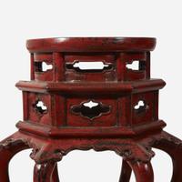 A Chinese or Japanese red lacquered Ming-style hexagonal incense stand