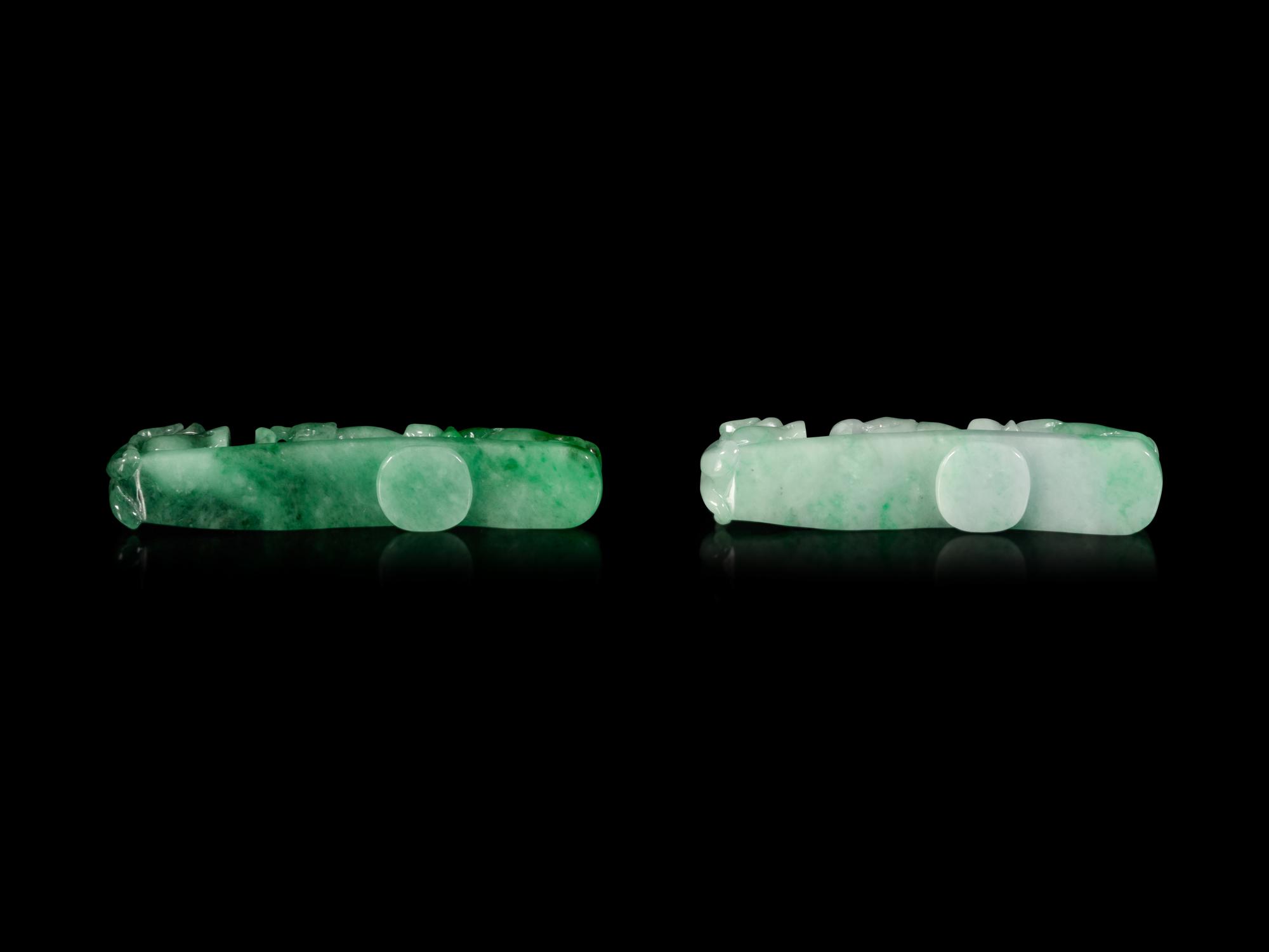 Two Chinese Jadeite 'Chilong' Belt Hooks