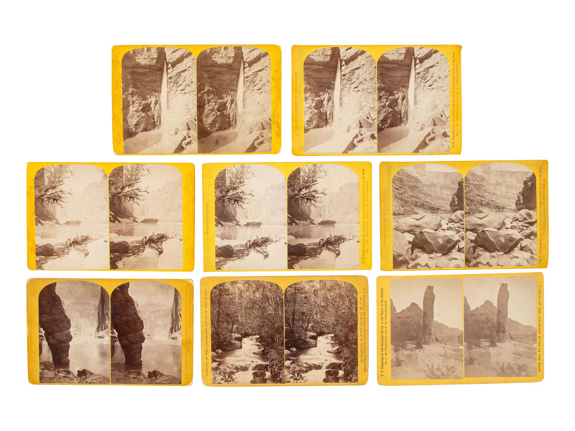 [WESTERN AMERICANA]. HILLERS, John K., and FENNIMORE, J., photographers. A group of 23 Powell & Thompson stereoviews of the Grand Canyon region, featuring images of crew members, boats, and the photographer's dark tent.