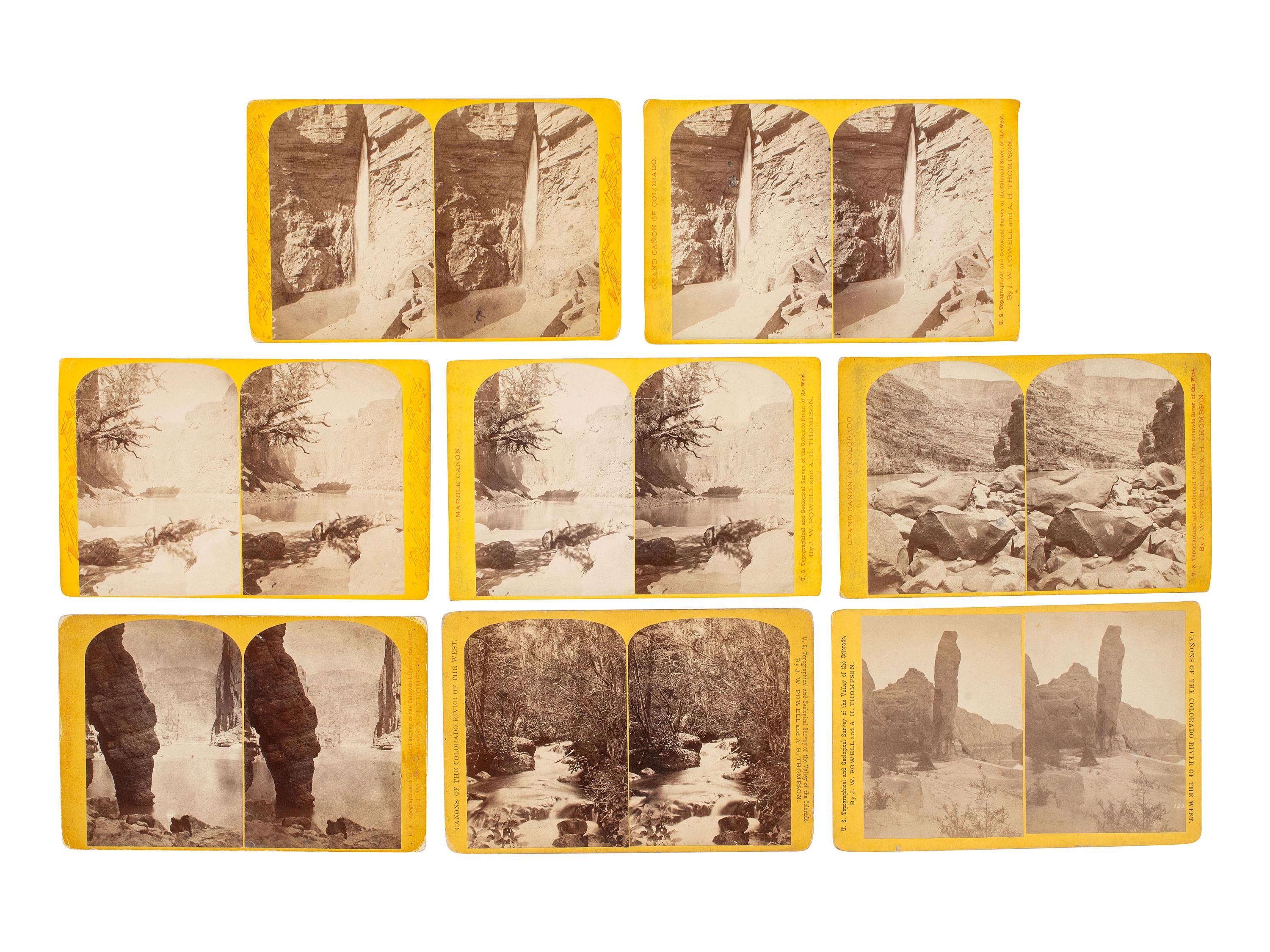 [WESTERN AMERICANA]. HILLERS, John K., and FENNIMORE, J., photographers. A group of 23 Powell & Thompson stereoviews of the Grand Canyon region, featuring images of crew members, boats, and the photographer's dark tent.