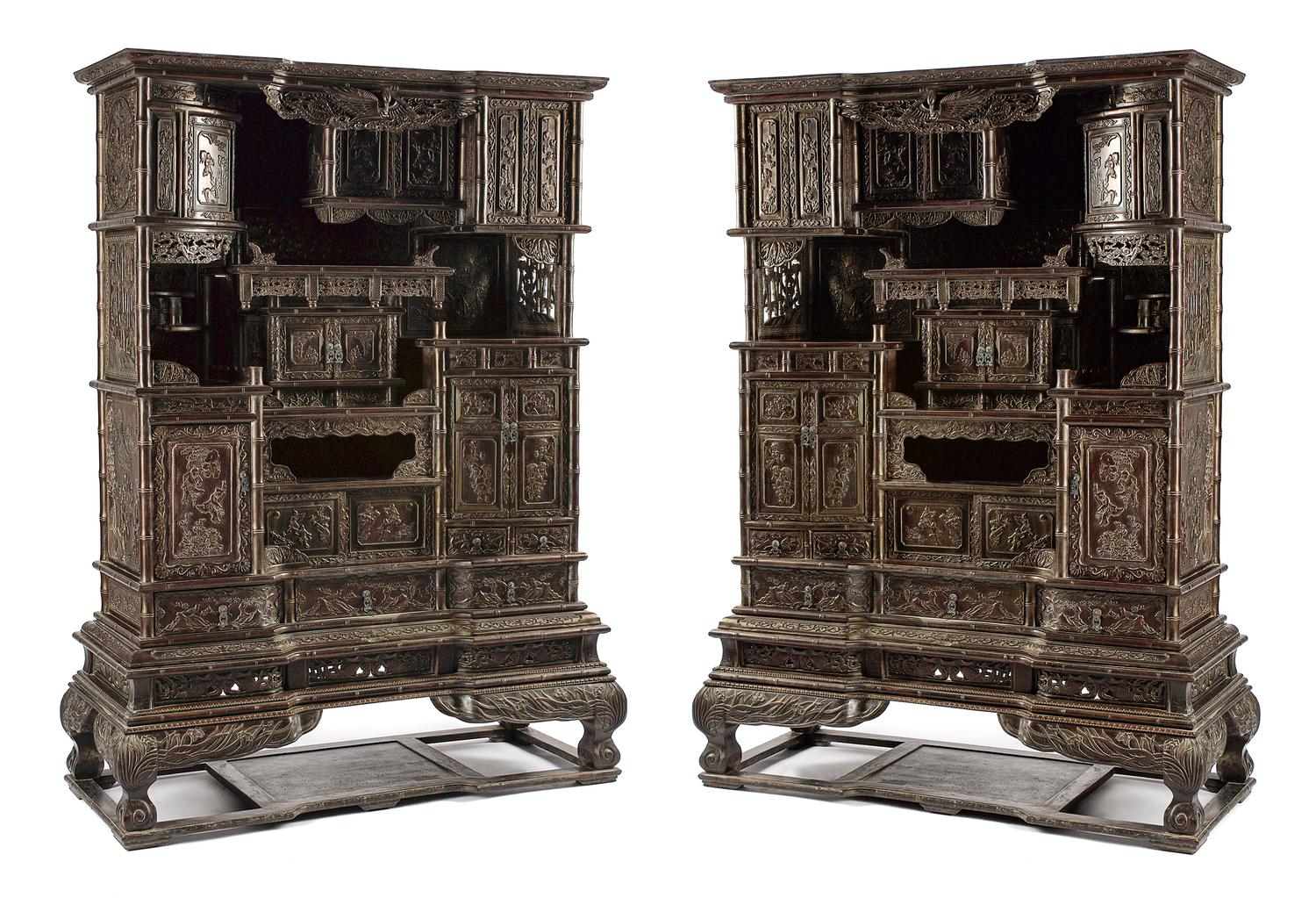A Pair of Chinese Export Hardwood Whatnot Cabinets