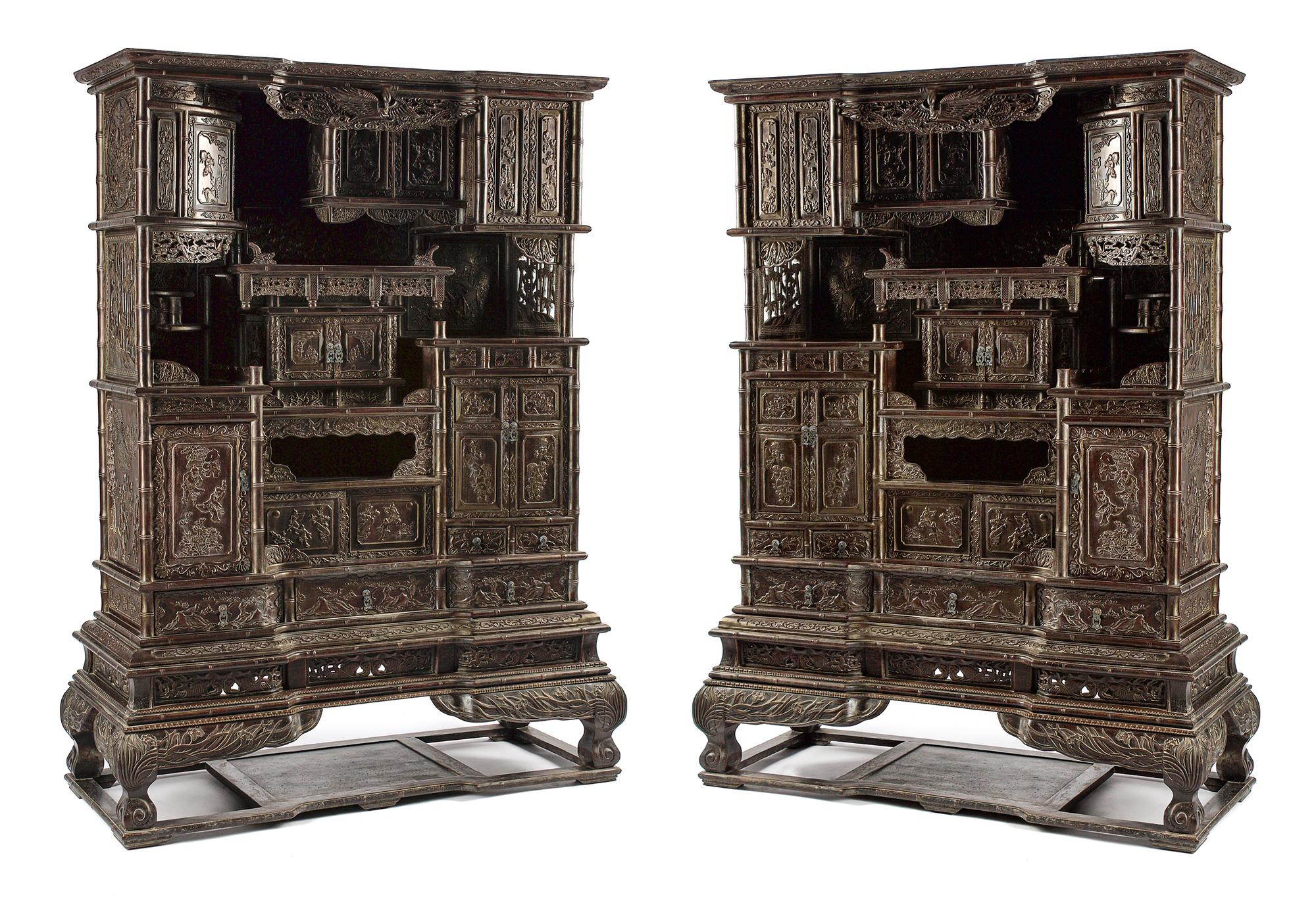 A Pair of Chinese Export Hardwood Whatnot Cabinets
