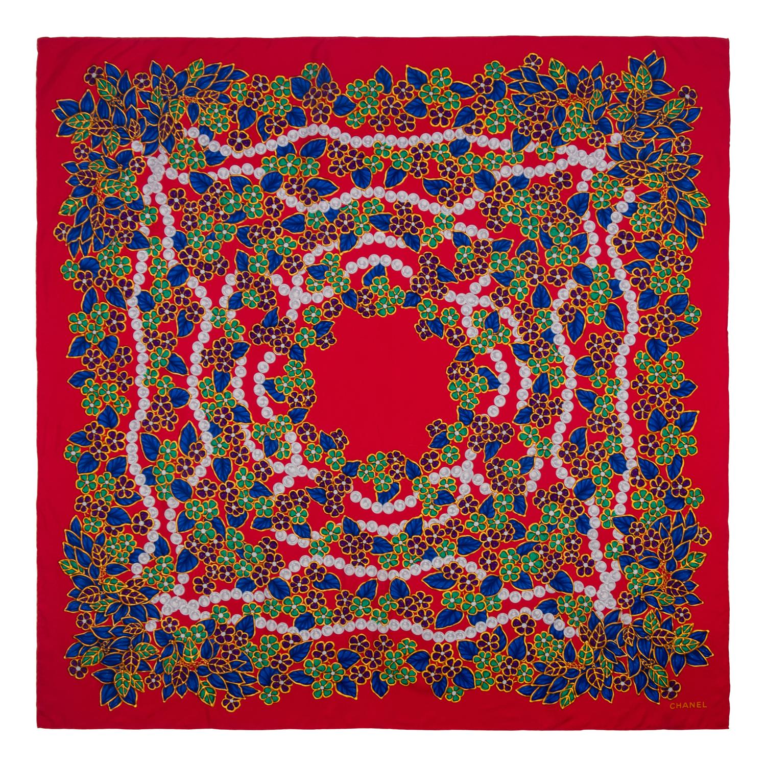 CHANEL FLORAL MOTIF LARGE SILK SCARF