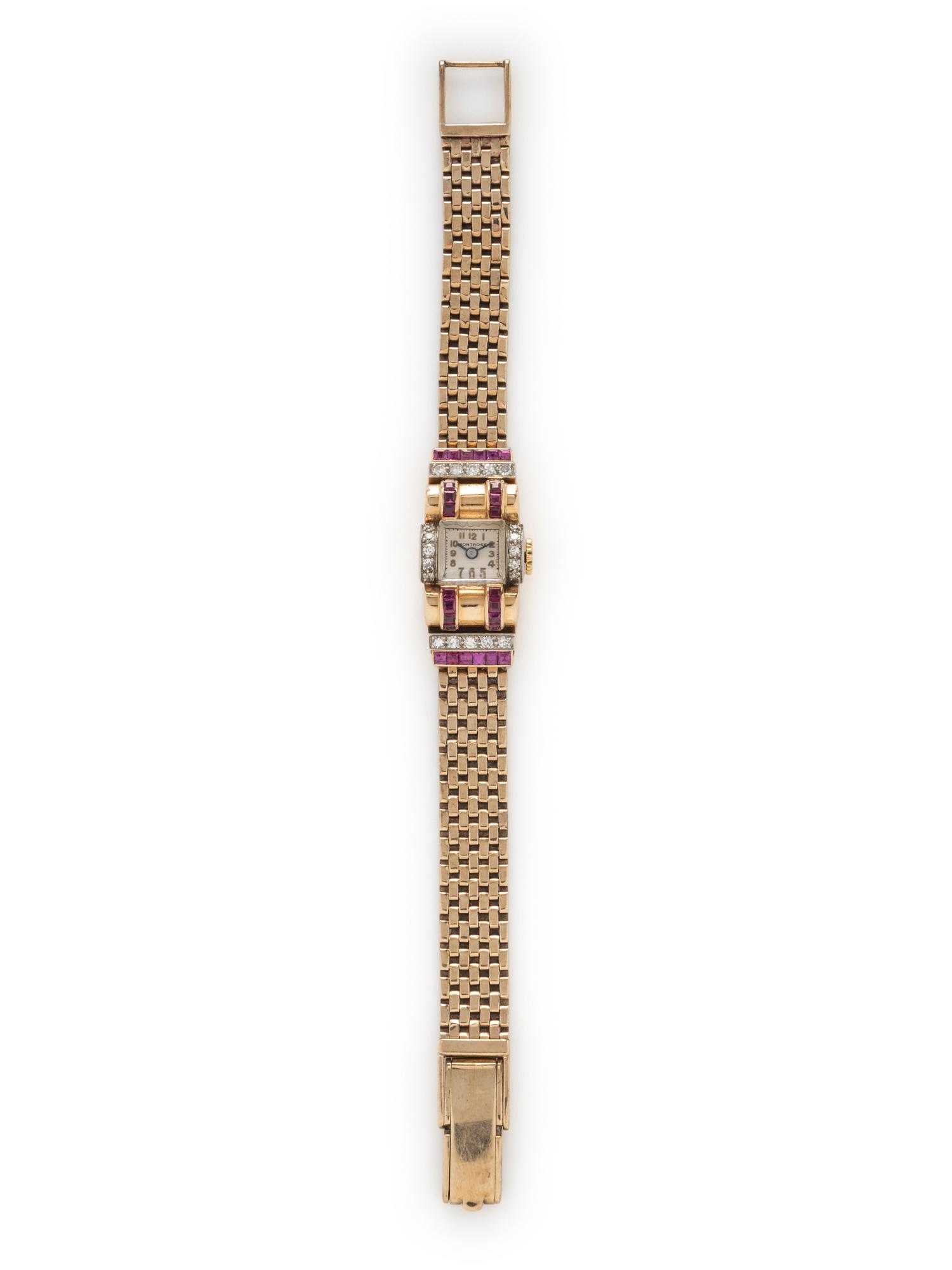 RETRO, MONTROSE, YELLOW GOLD, DIAMOND, AND SYNTHETIC RUBY WATCH