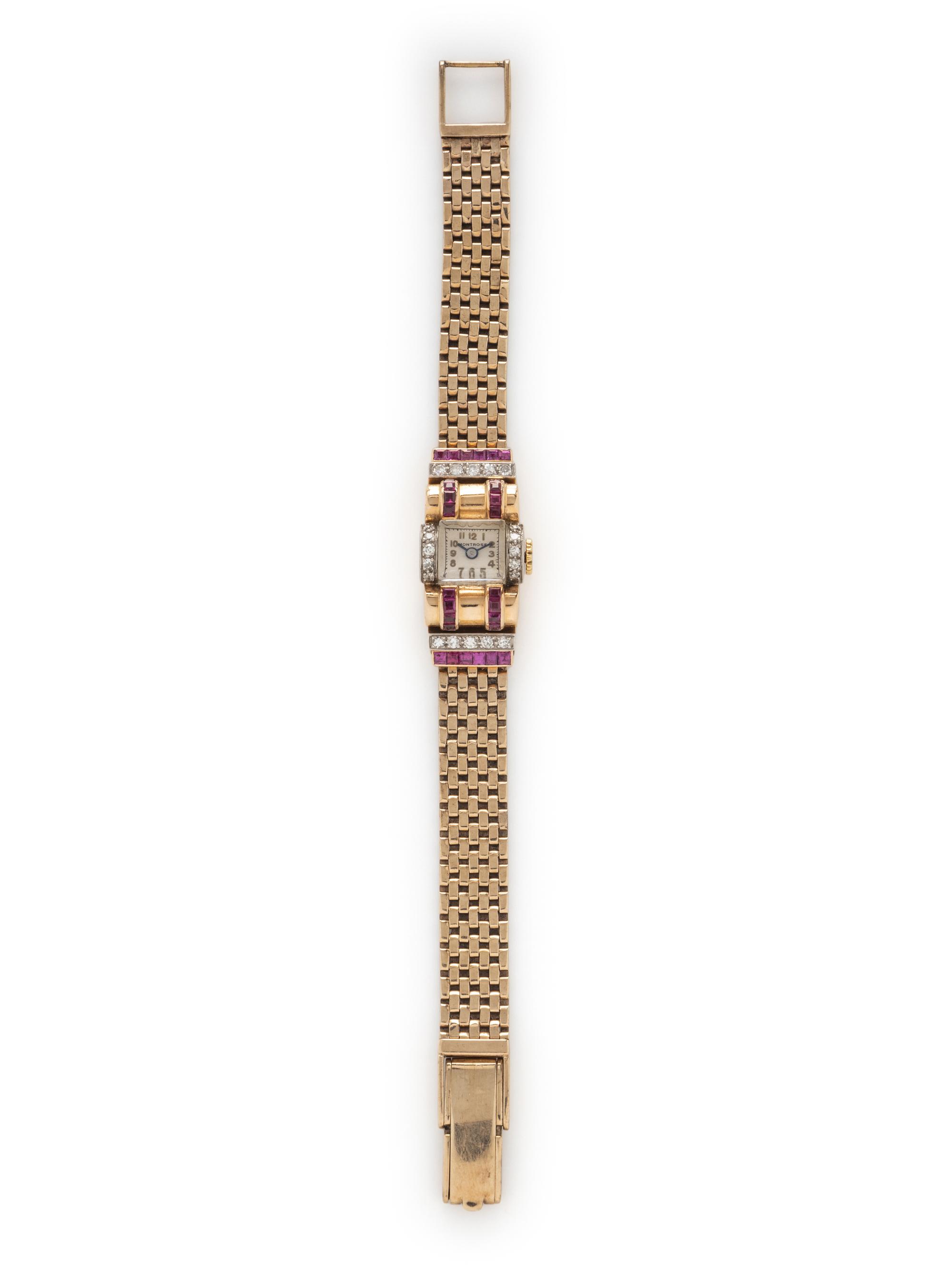 RETRO, MONTROSE, YELLOW GOLD, DIAMOND, AND SYNTHETIC RUBY WATCH