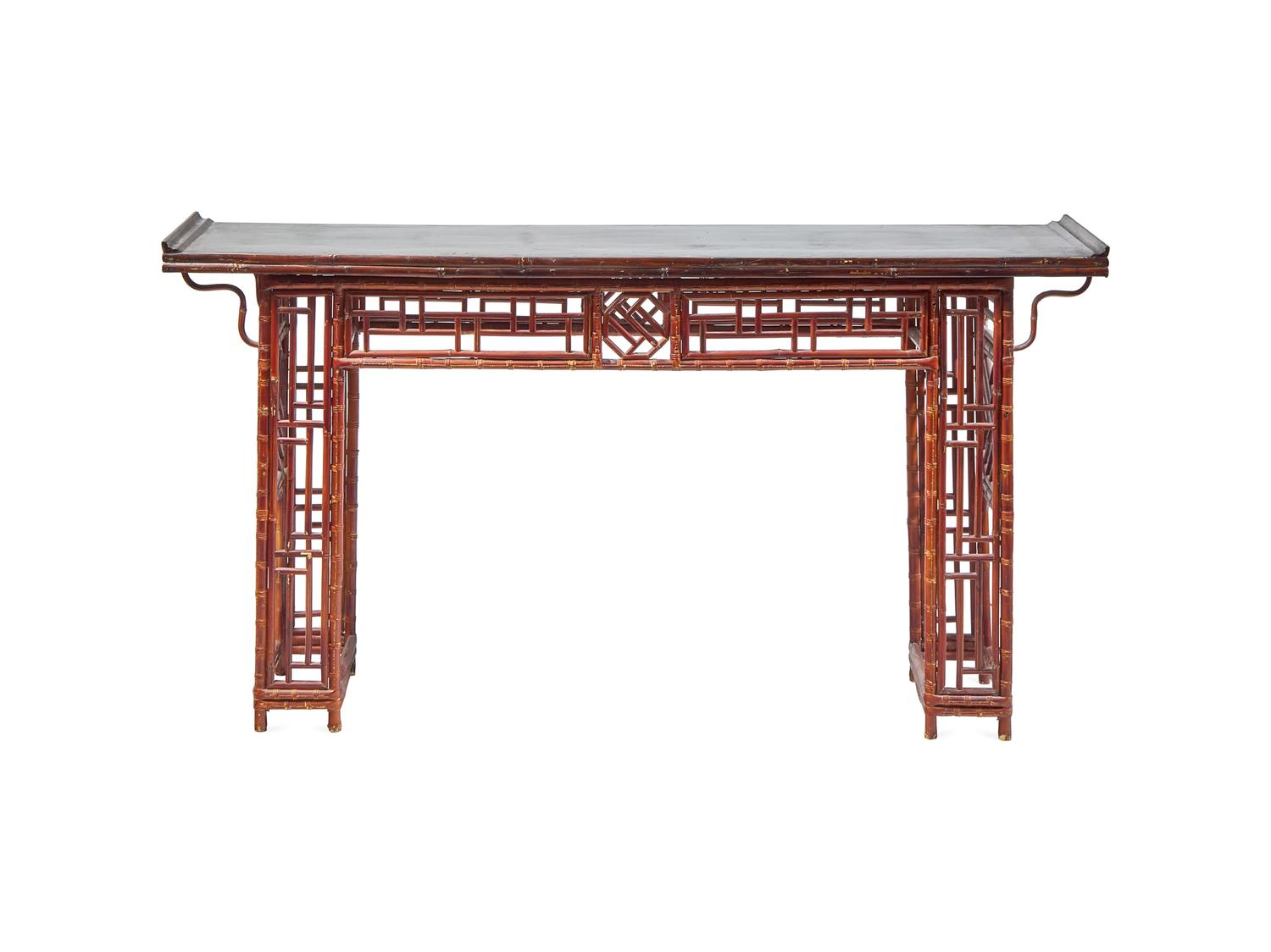 A Chinese Bamboo and Lacquered Wood Side Table, Qiaotou'an