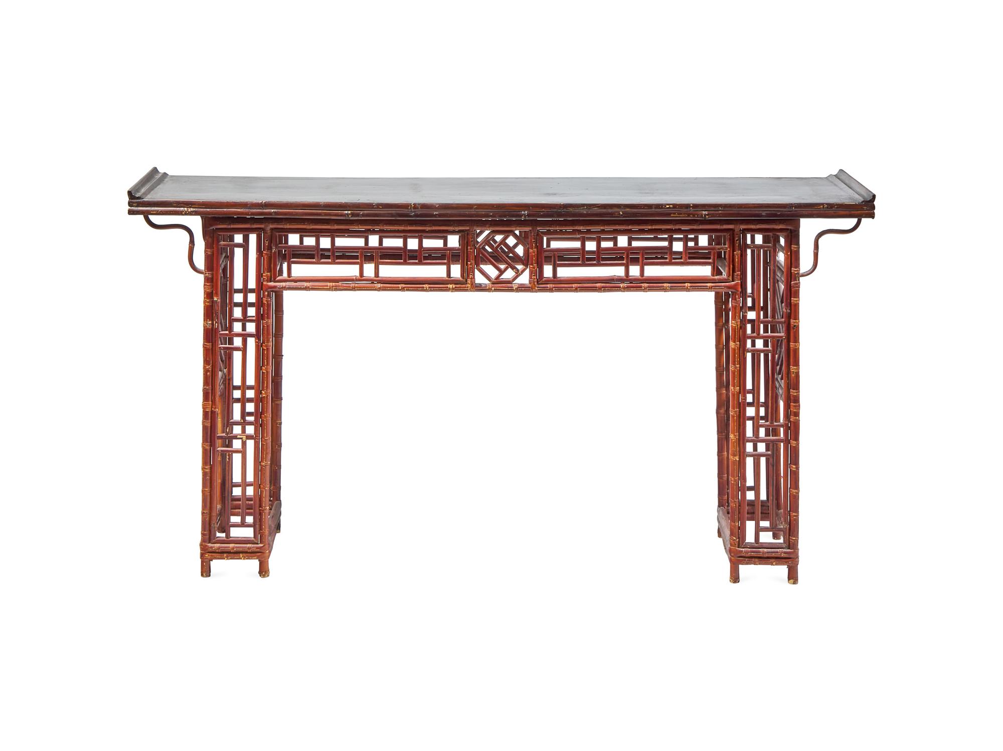 A Chinese Bamboo and Lacquered Wood Side Table, Qiaotou'an