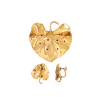 YELLOW GOLD, RUBY AND DIAMOND LEAF SET