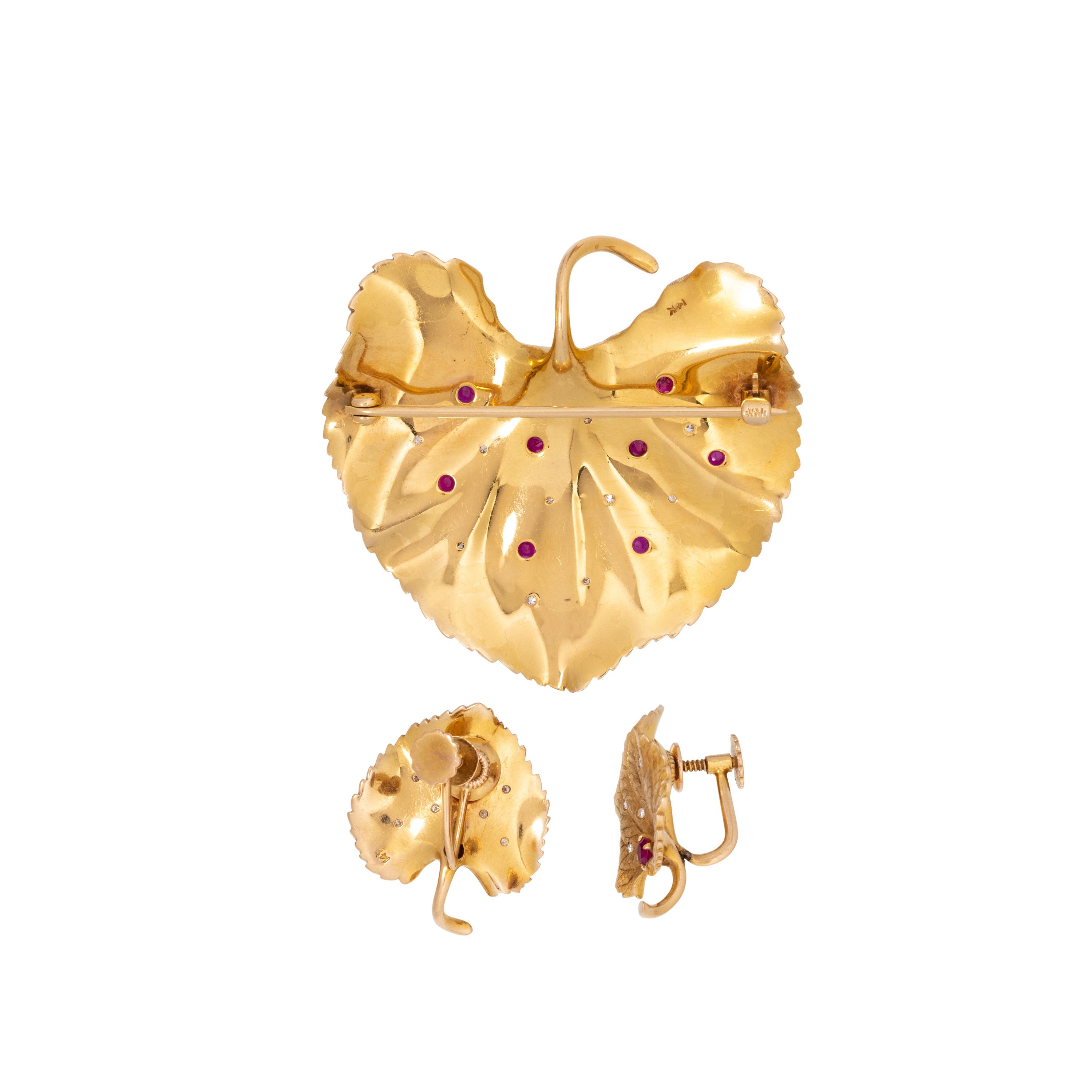 YELLOW GOLD, RUBY AND DIAMOND LEAF SET