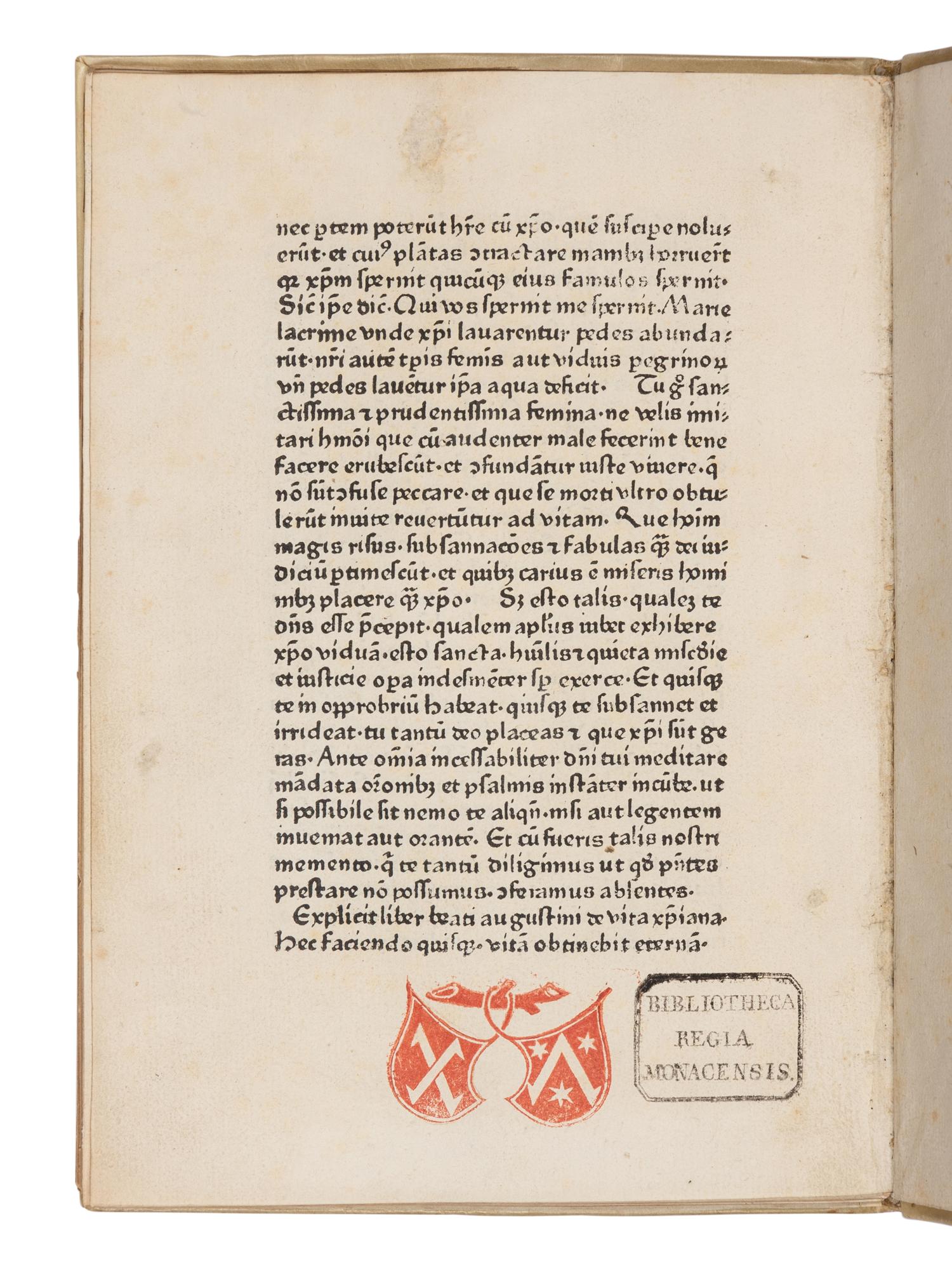AUGUSTINUS, Aurelius (Pseudo; attributed to PELAGIUS [fl.380/418-429]). De vita christiana . [Mainz:] Peter Schoeffer, [between 1470 and 1475].