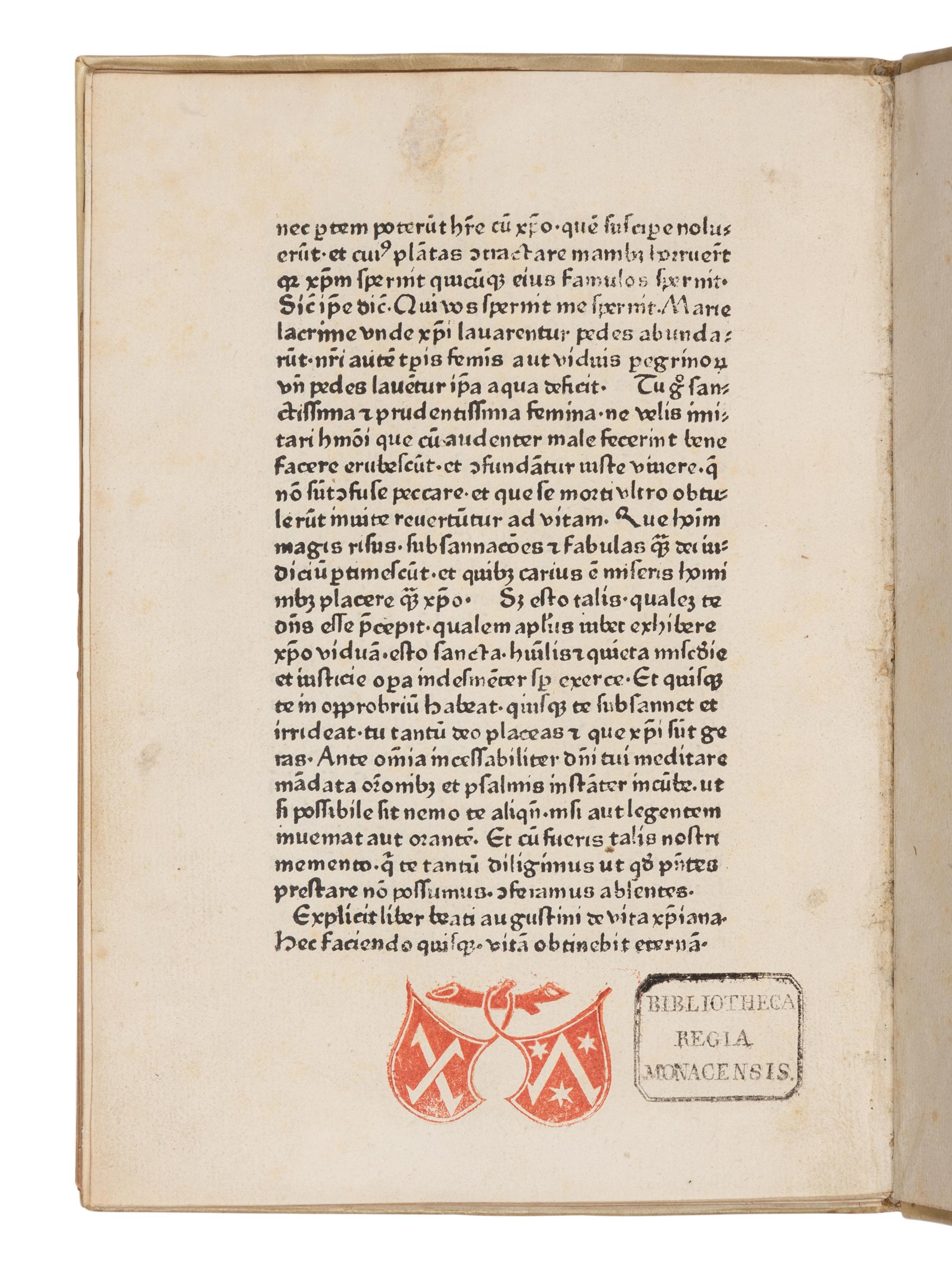 AUGUSTINUS, Aurelius (Pseudo; attributed to PELAGIUS [fl.380/418-429]). De vita christiana . [Mainz:] Peter Schoeffer, [between 1470 and 1475].