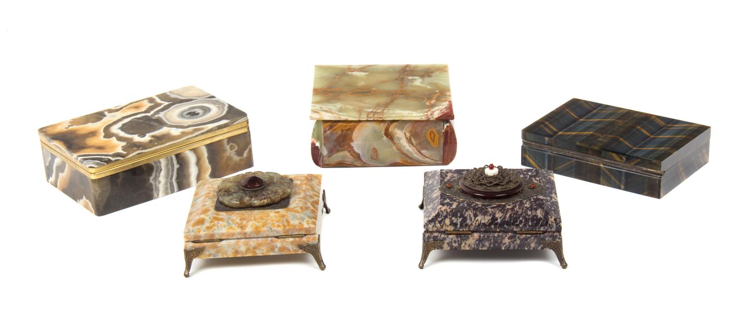 A Collection of Five Hardstone Boxes Length of largest 6 inches. — 20TH CENTURY