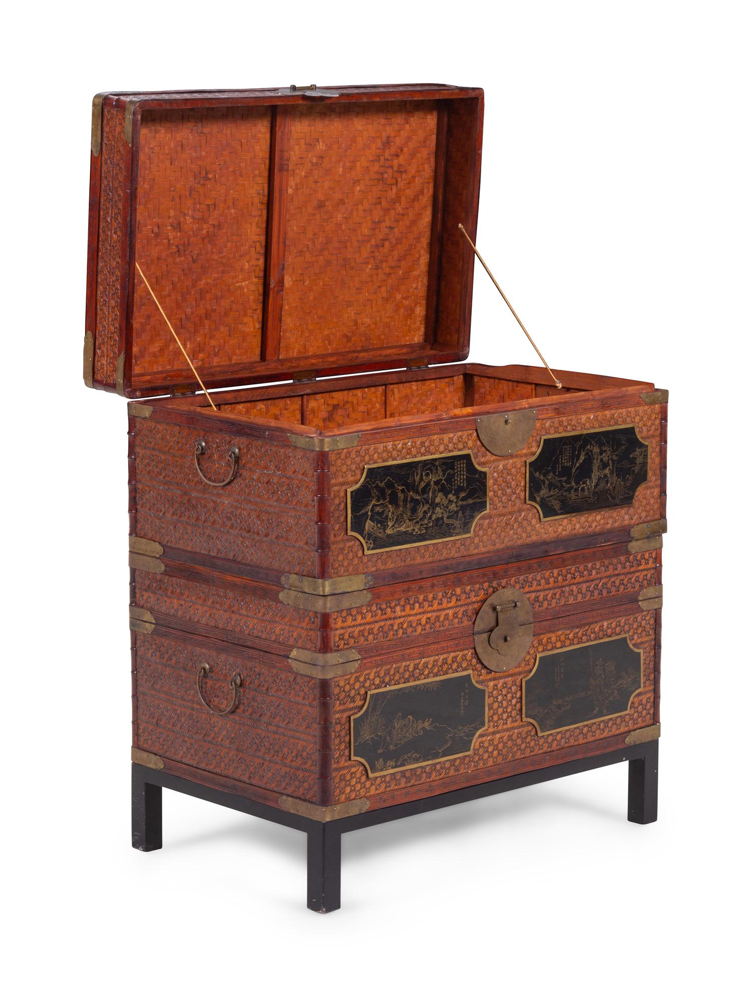 Two Chinese Export Lacquered and Woven Rattan Stackable Chests on Stand