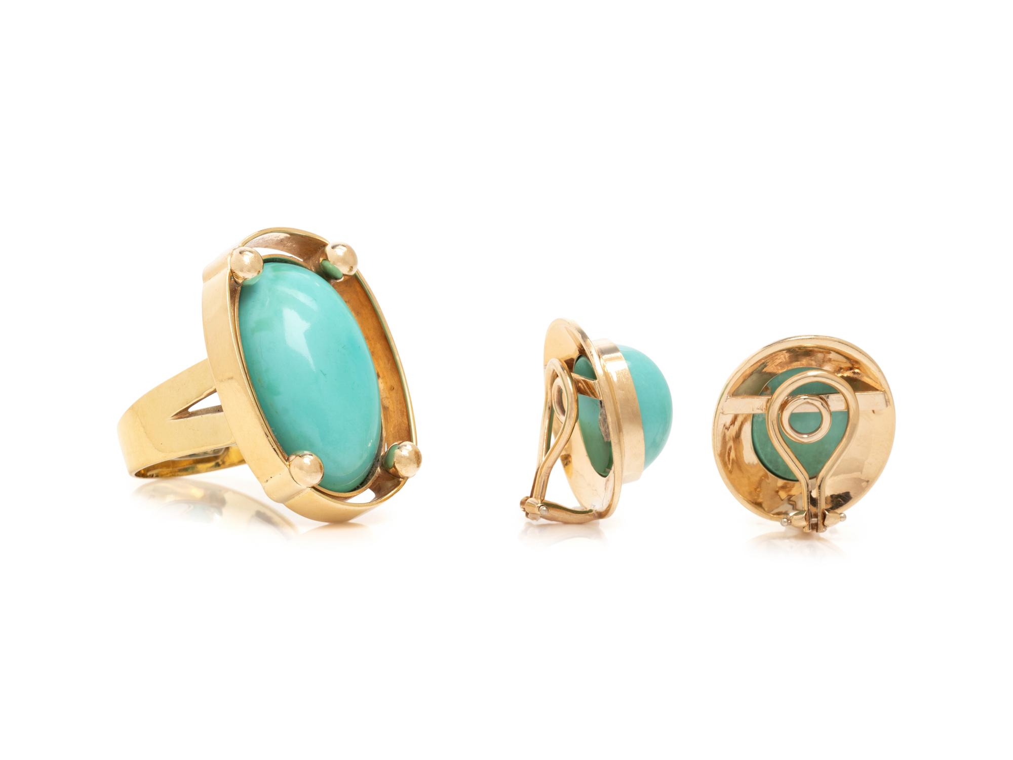 YELLOW GOLD AND TURQUOISE RING AND EARRINGS SUITE