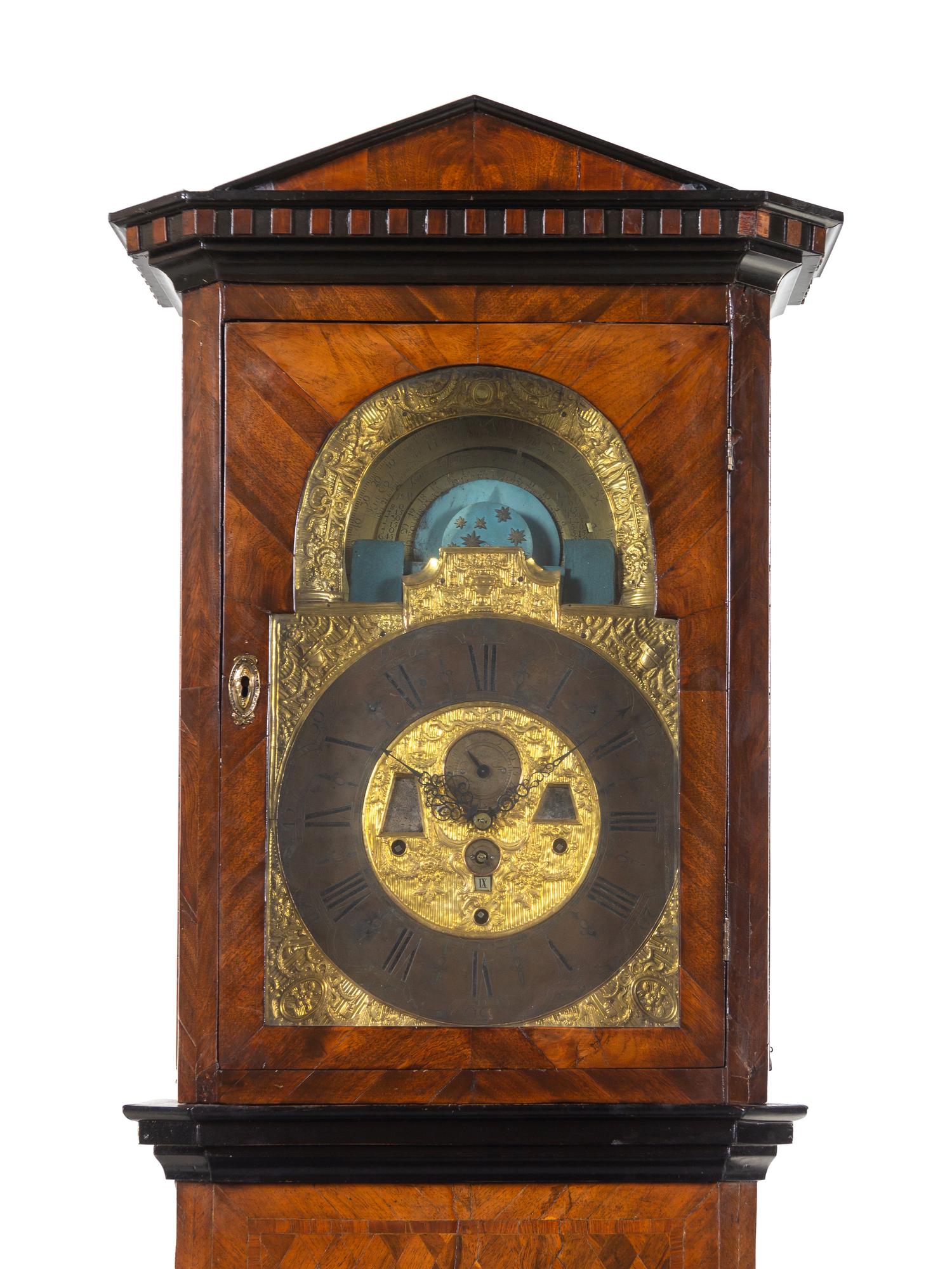 A German Parcel Ebonized Parquetry Case Clock